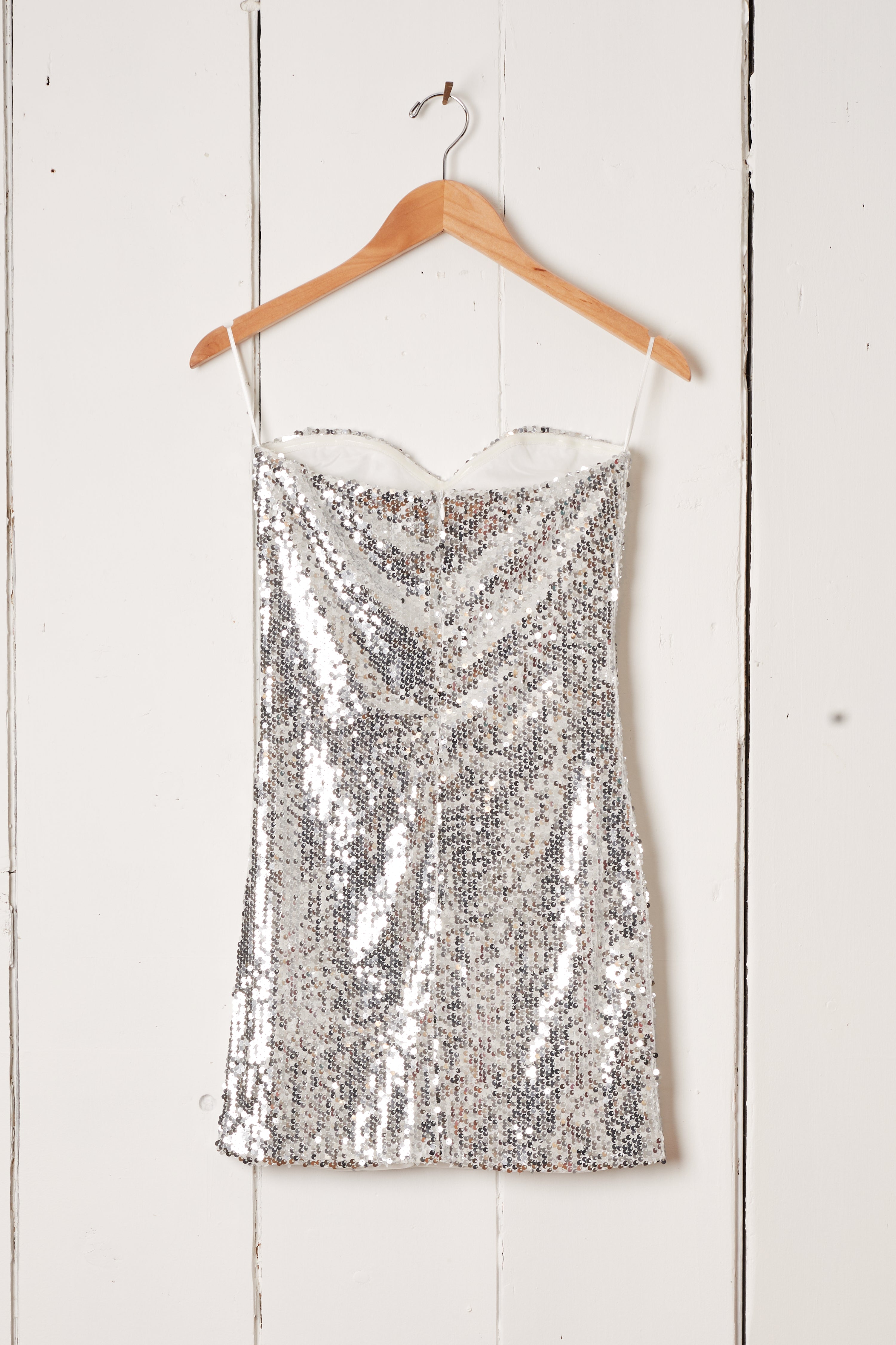 SILVER SEQUIN BUSTIER DRESS