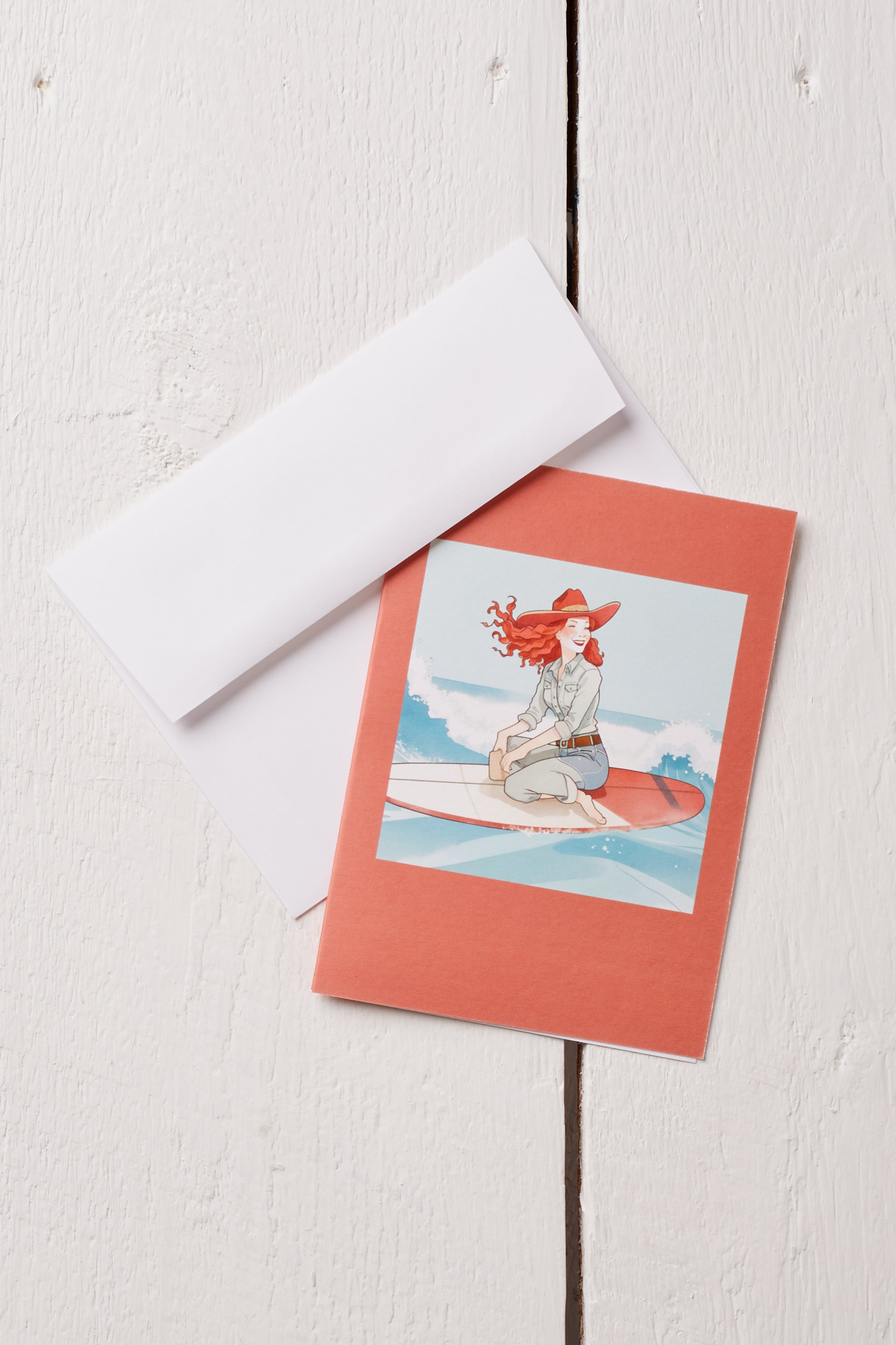 HAPPY COWGIRL SURFING GREETING CARD