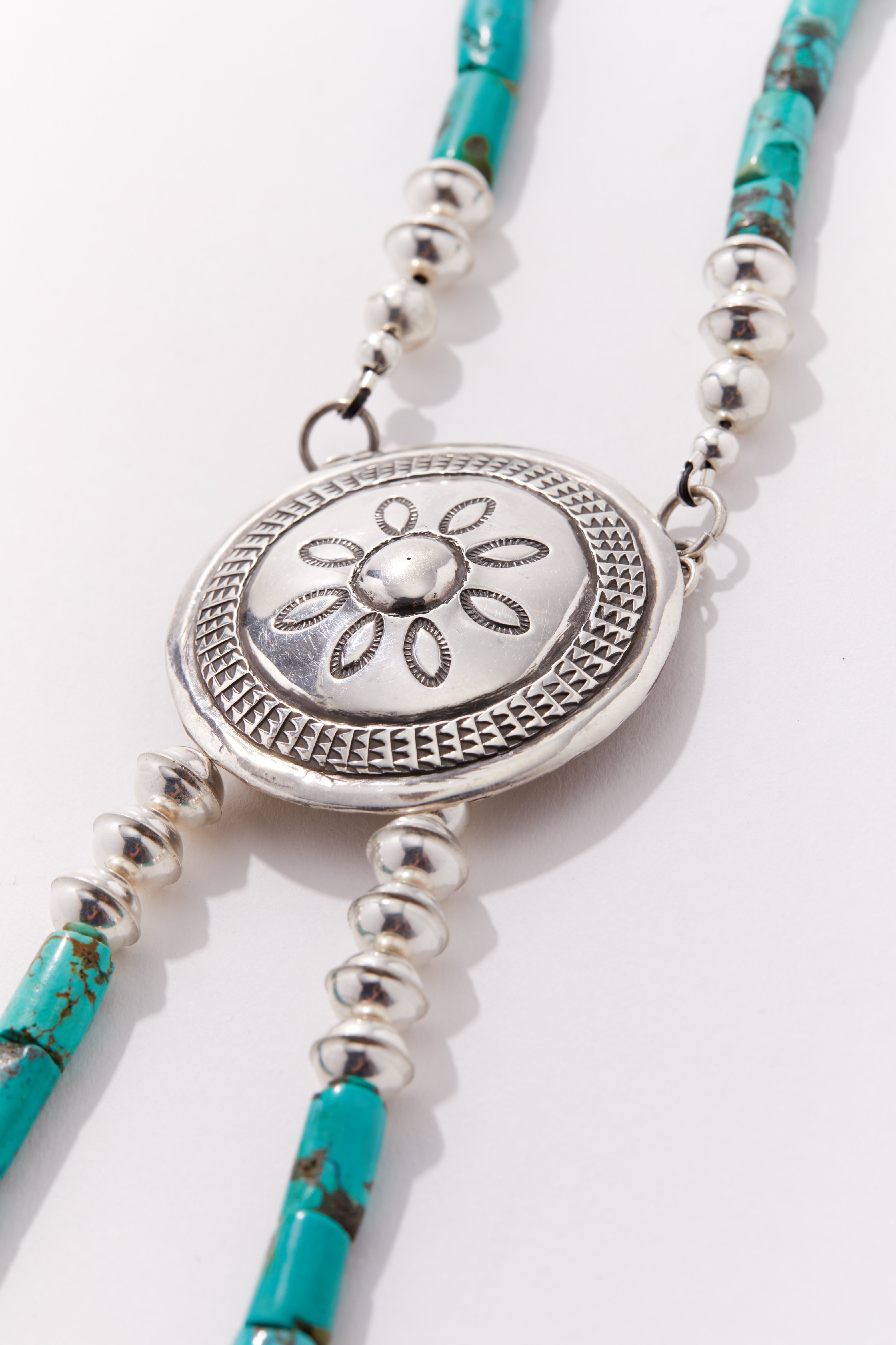 TURQUOISE AND STERLING SILVER CONCHO BOLO STYLE NECKLACE
