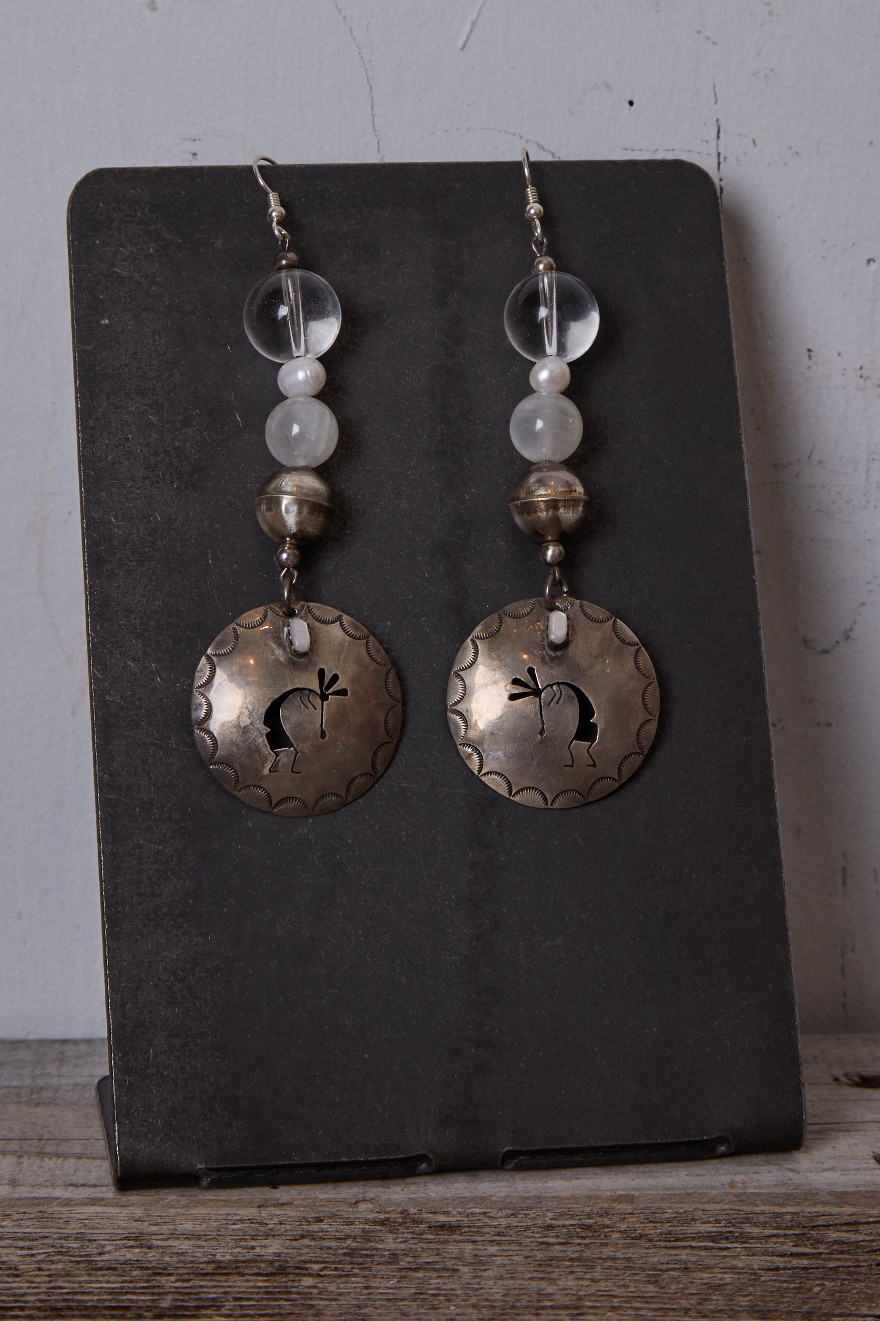 CRYSTAL QUARTZ MOONSTONE AND VINTAGE STAMPED STERLING SILVER KOKOPELLI EARRINGS