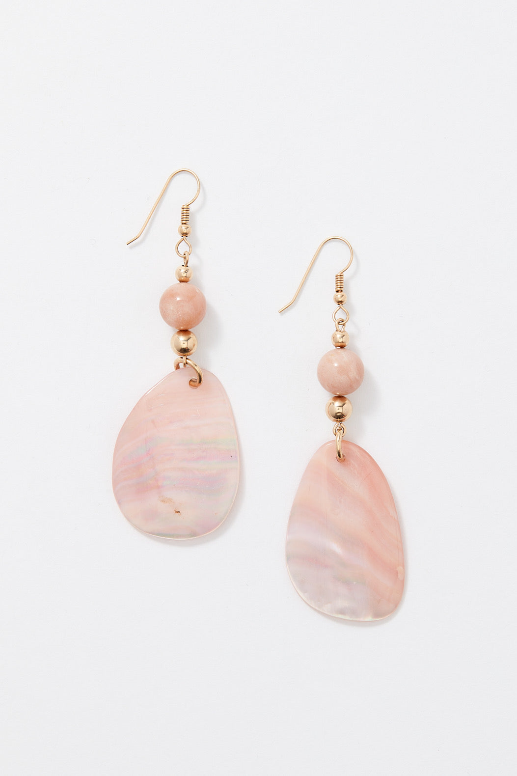14K GOLD BABY PINK MOONSTONE AND SHELL EARRINGS