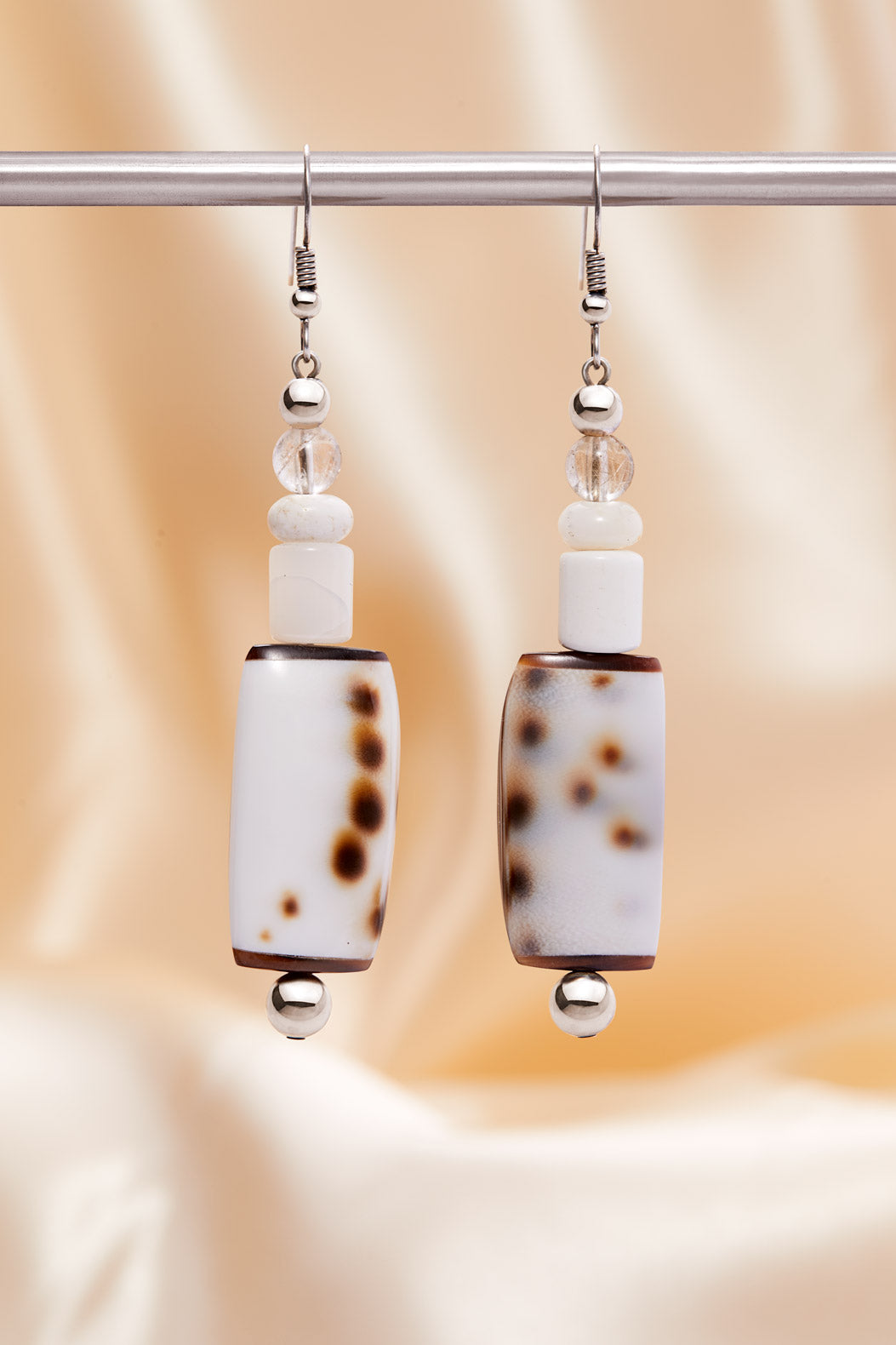QUARTZ AND WHITE OPAL SPOTTED SHELL EARRINGS