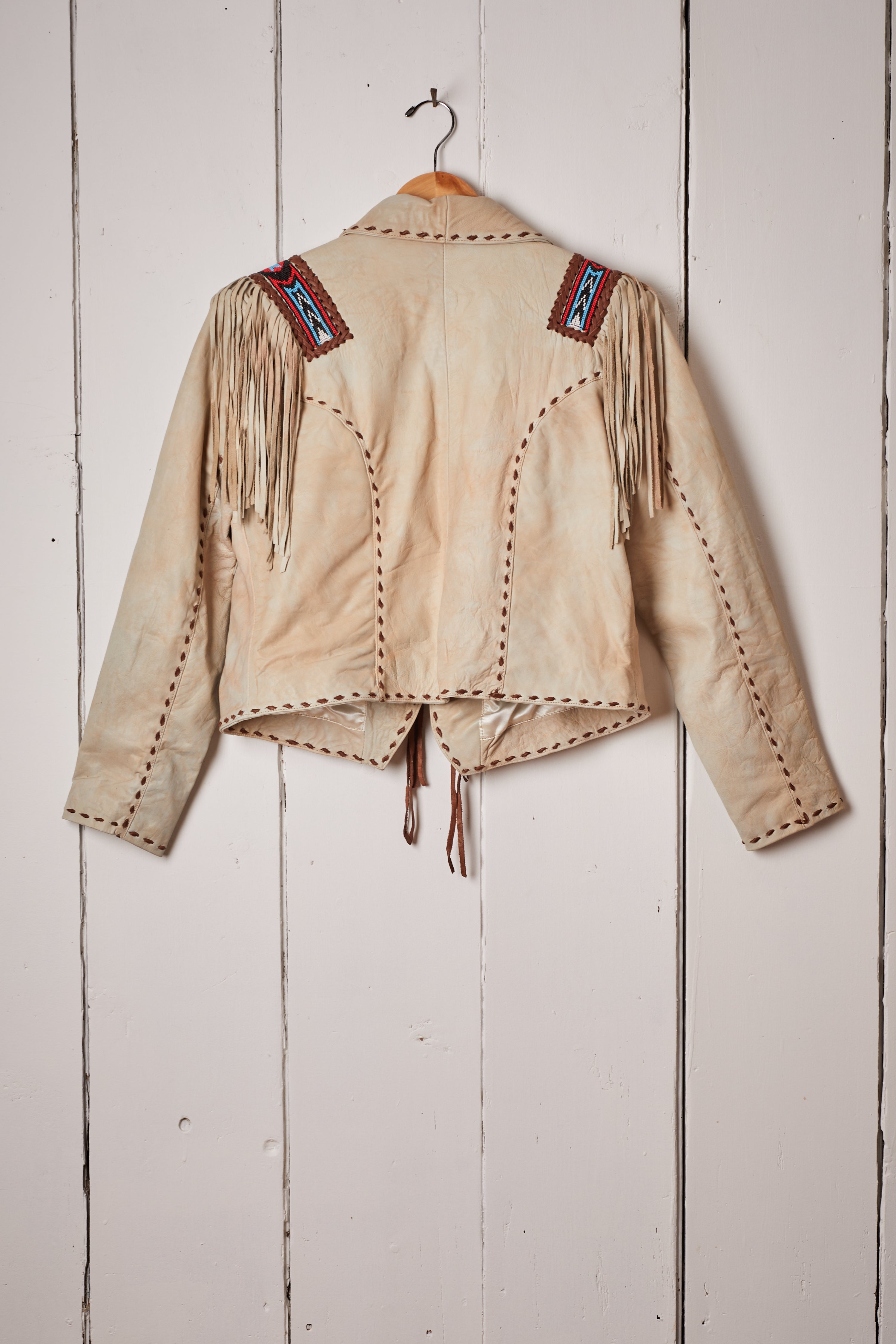 CREAM LEATHER BEADED FRINGE JACKET