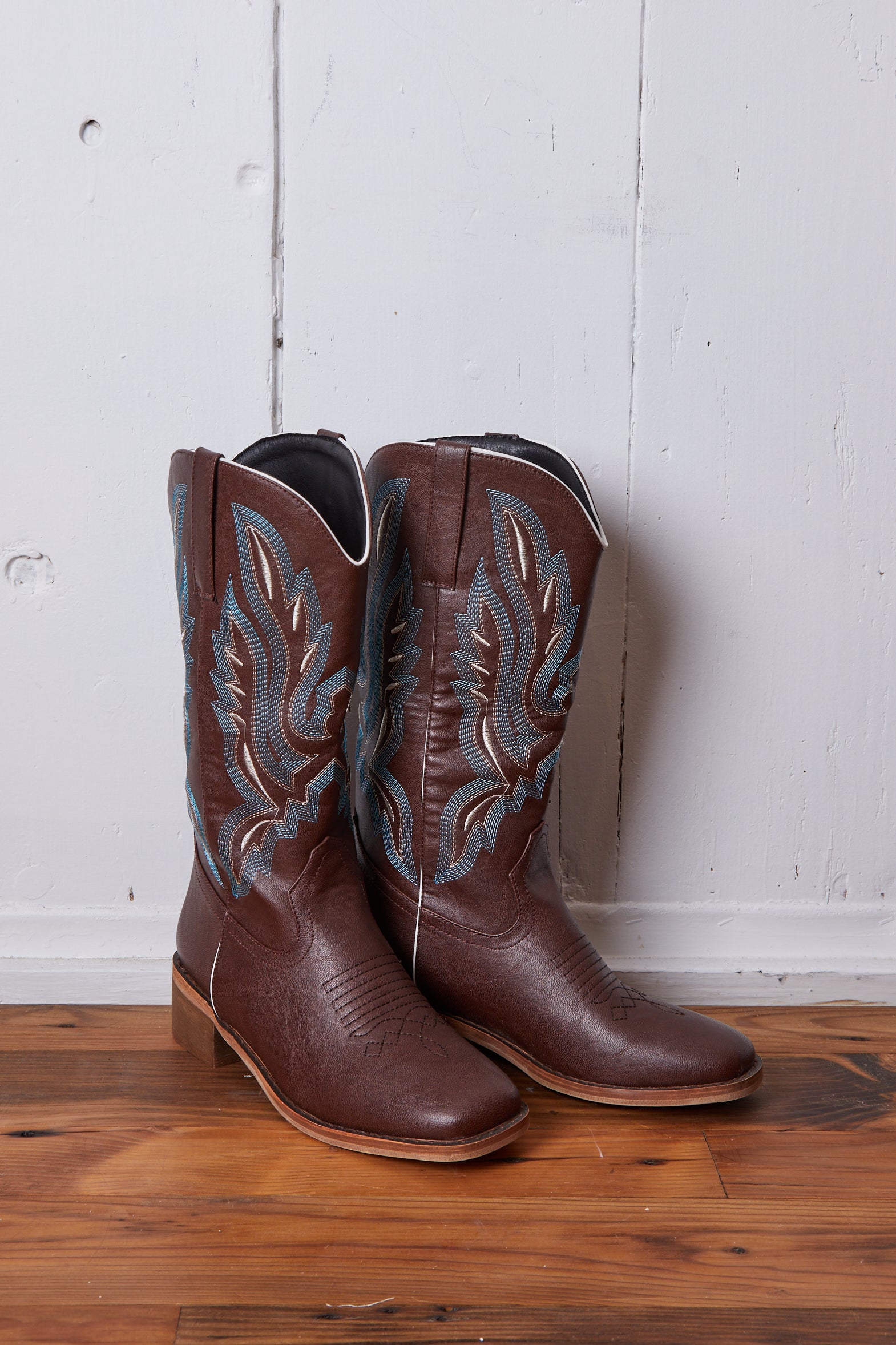 VEGAN CHOCOLATE BLUE EMBROIDERED COWBOY BOOTS