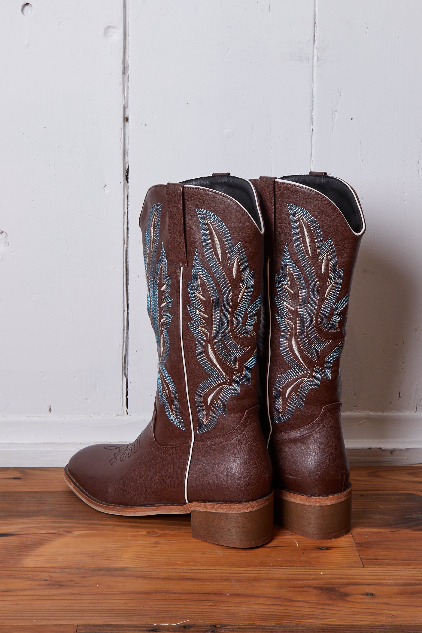 VEGAN CHOCOLATE BLUE EMBROIDERED COWBOY BOOTS