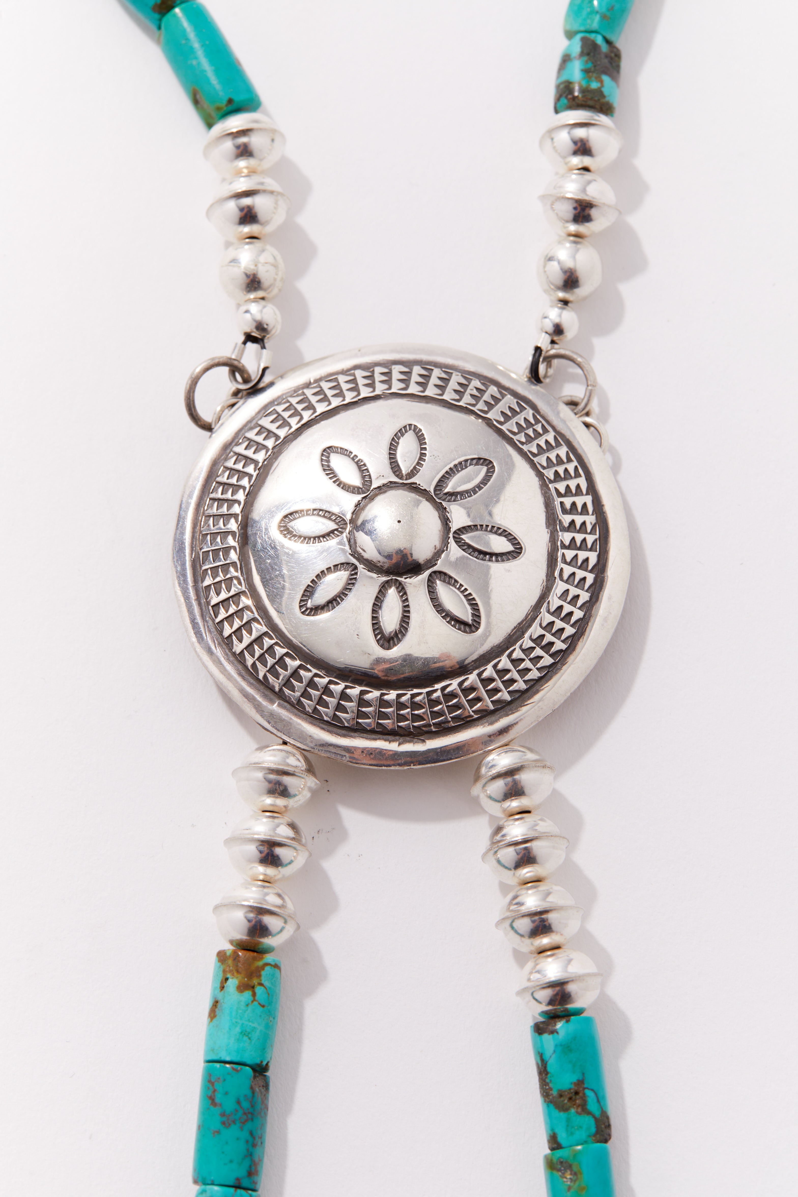 TURQUOISE AND STERLING SILVER CONCHO BOLO STYLE NECKLACE