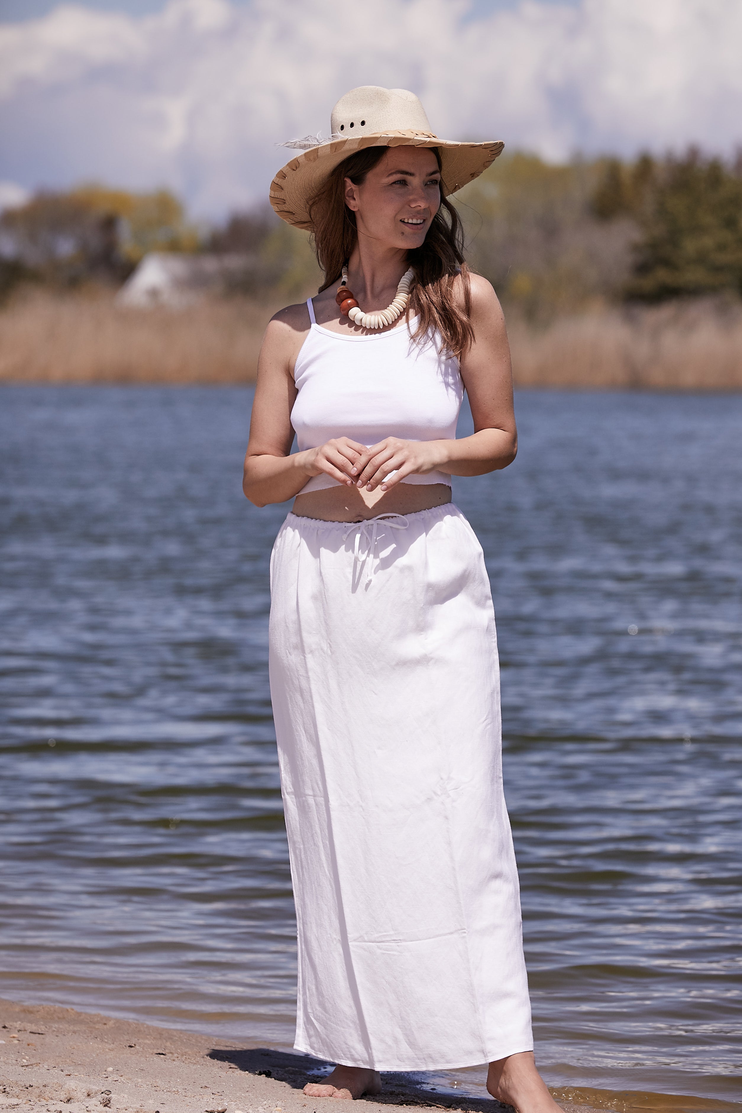 WHITE LINEN LONG DRAWSTRING SKIRT
