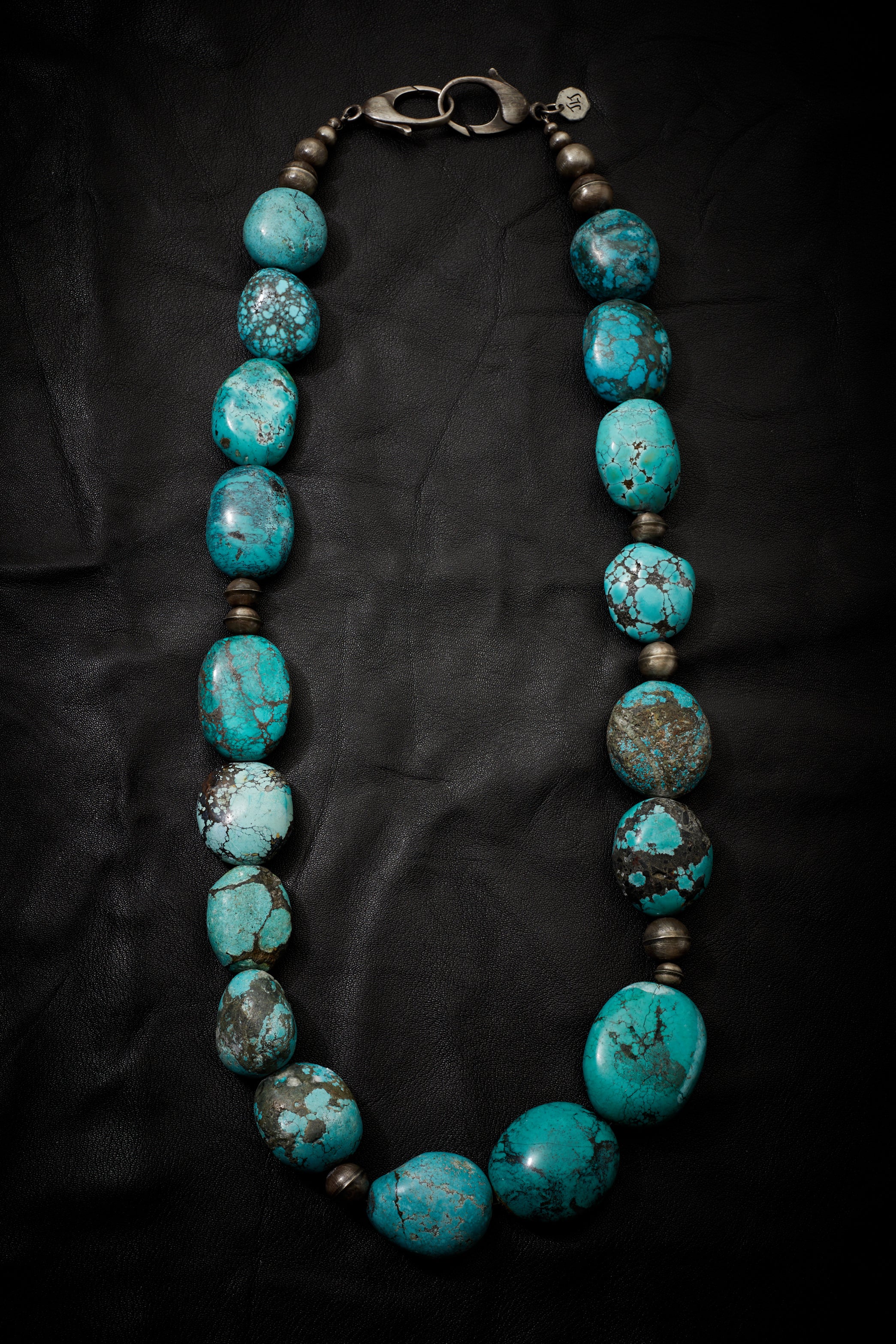 JUMBO AND LONG TURQUOISE AND OXIDIZED STERLING SILVER NECKLACE