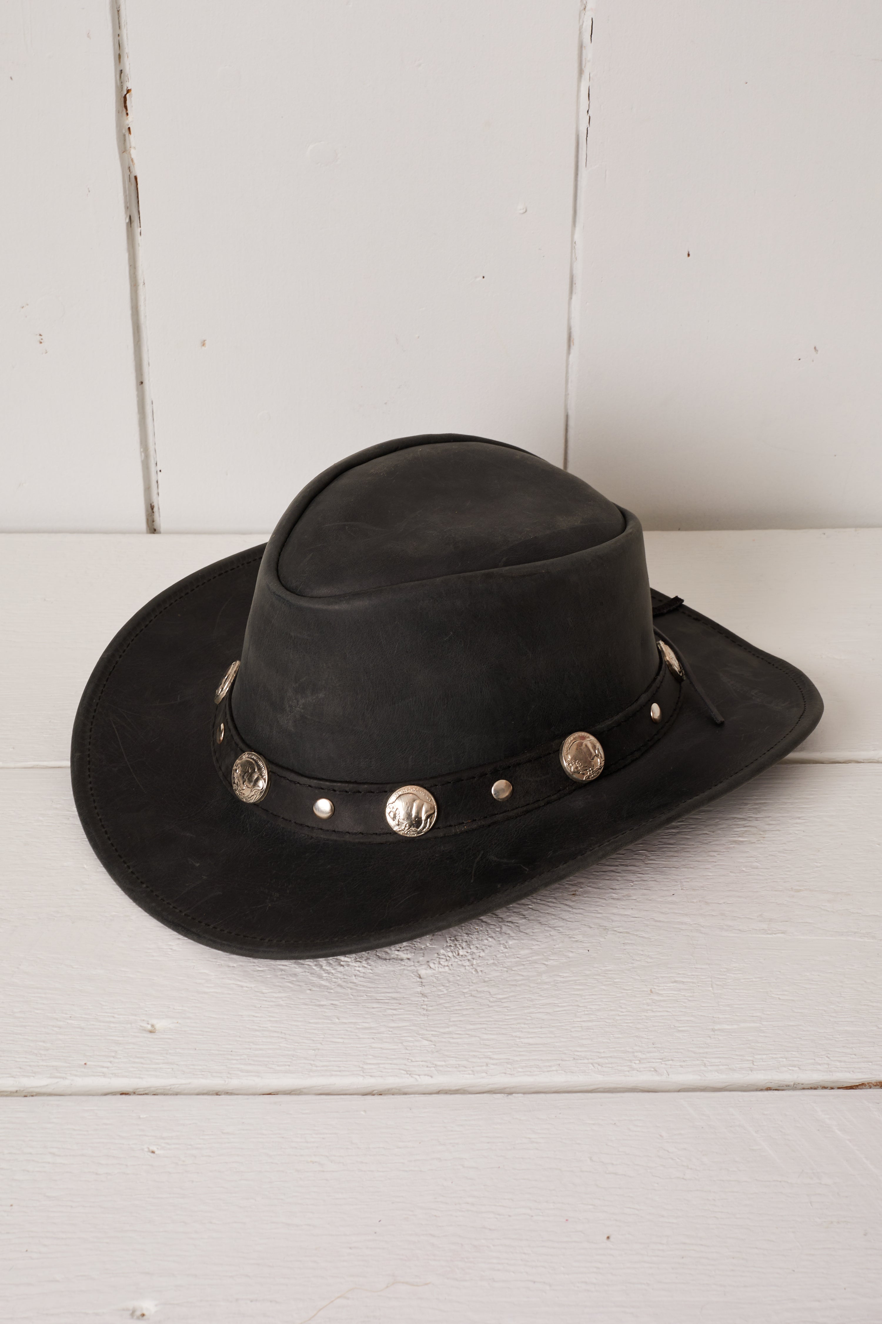 BLACK LEATHER SILVER COIN COWBOY HAT