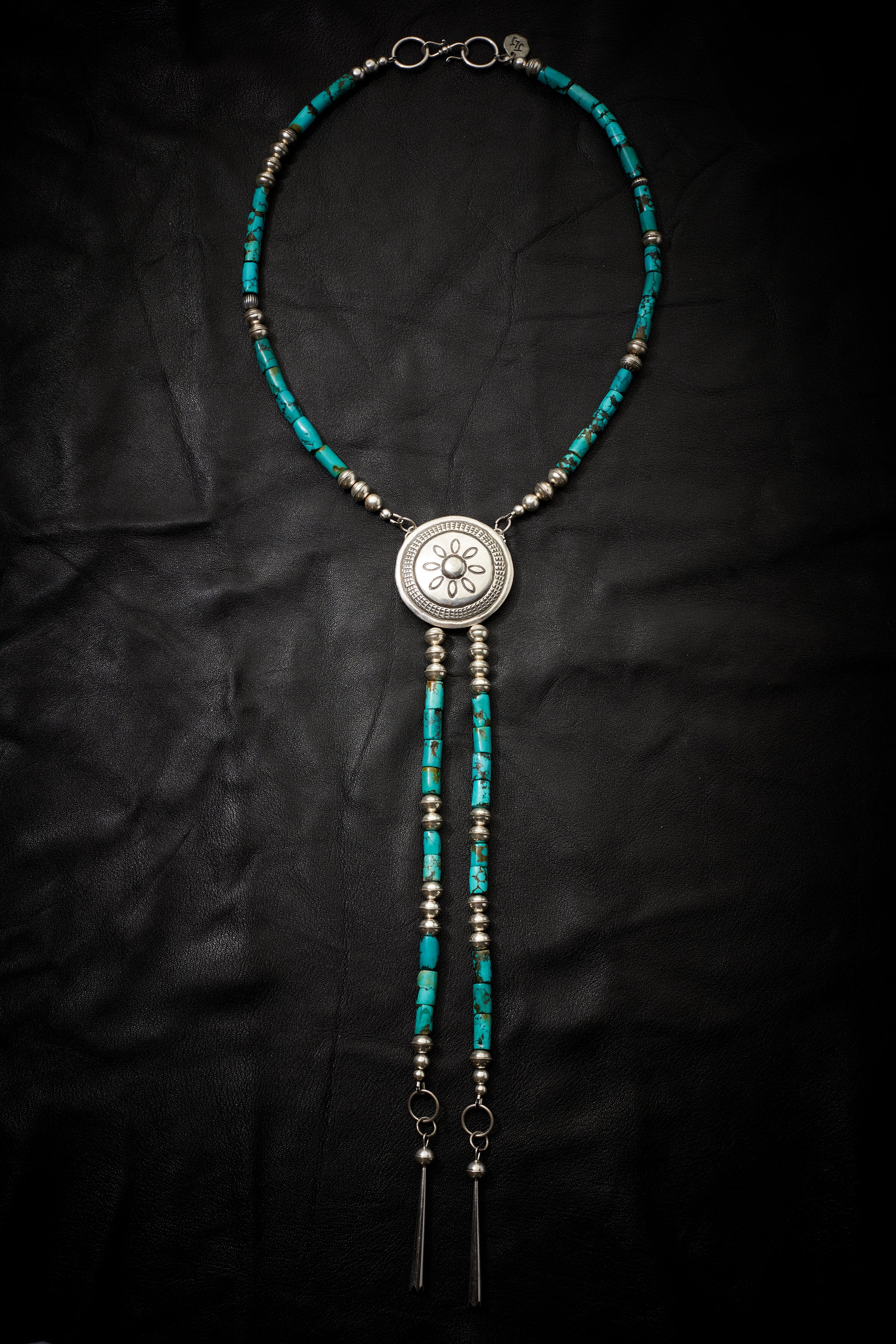 TURQUOISE AND STERLING SILVER CONCHO BOLO STYLE NECKLACE