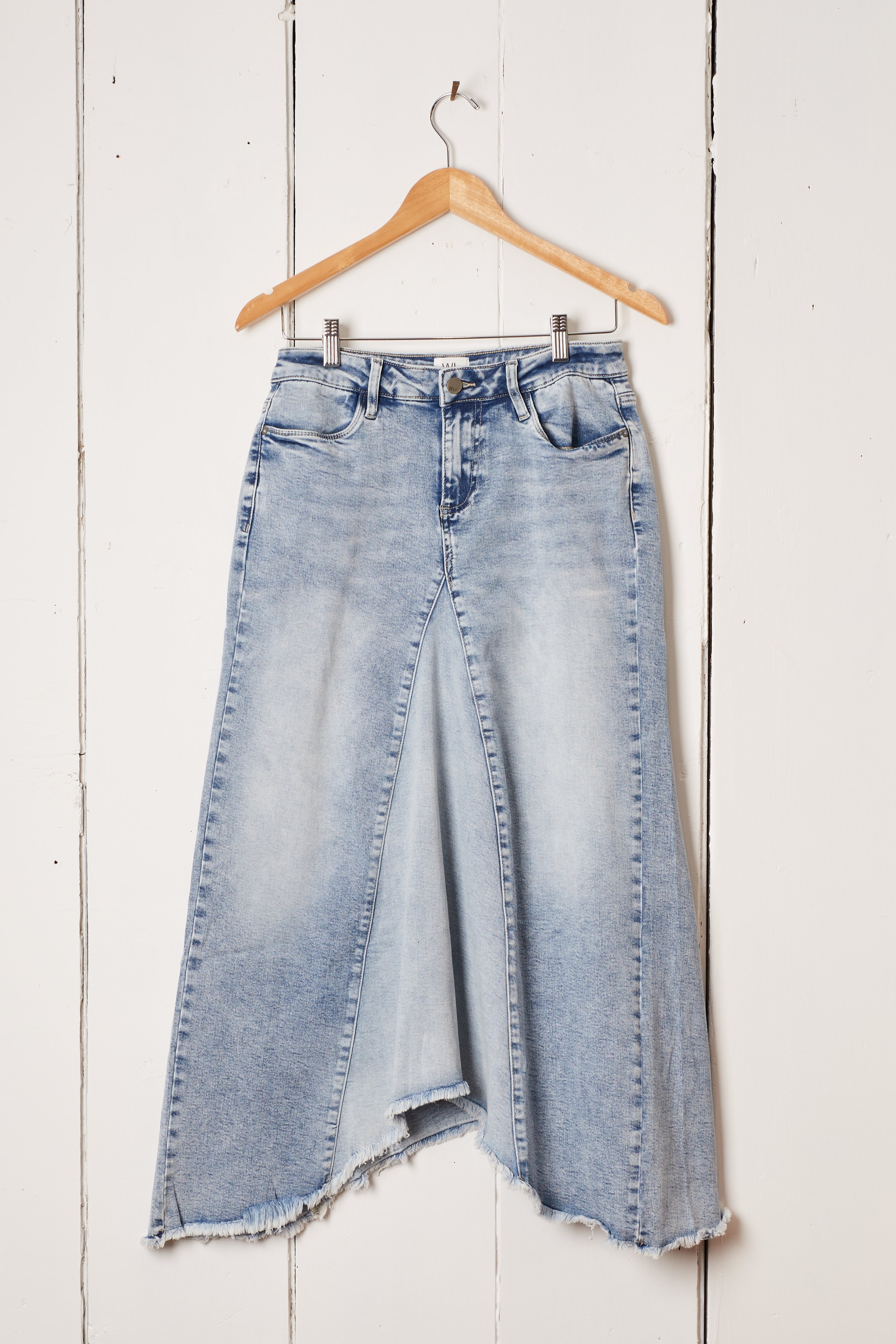 LONG LIGHT BLUE DENIM SWIRL SKIRT
