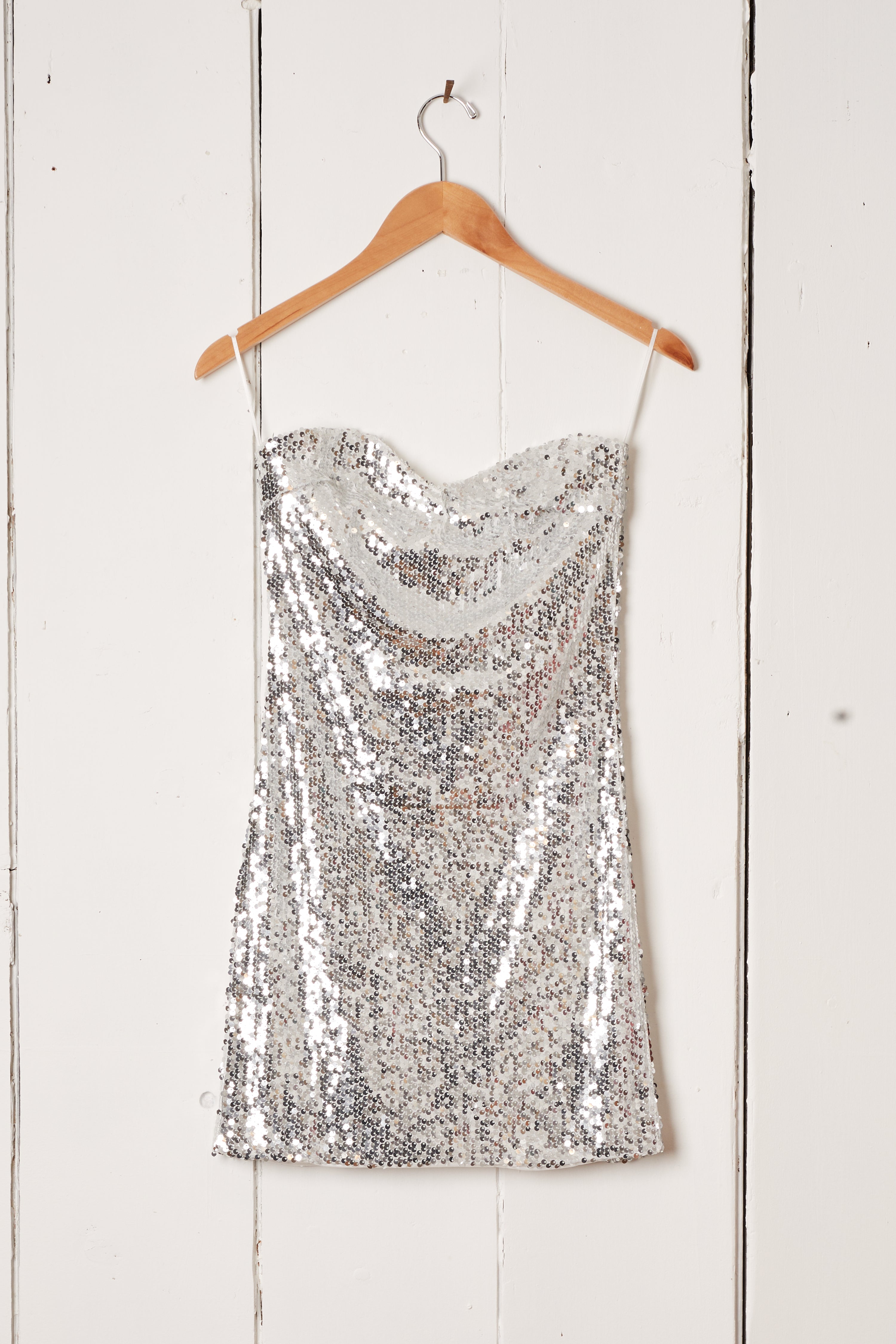 SILVER SEQUIN BUSTIER DRESS