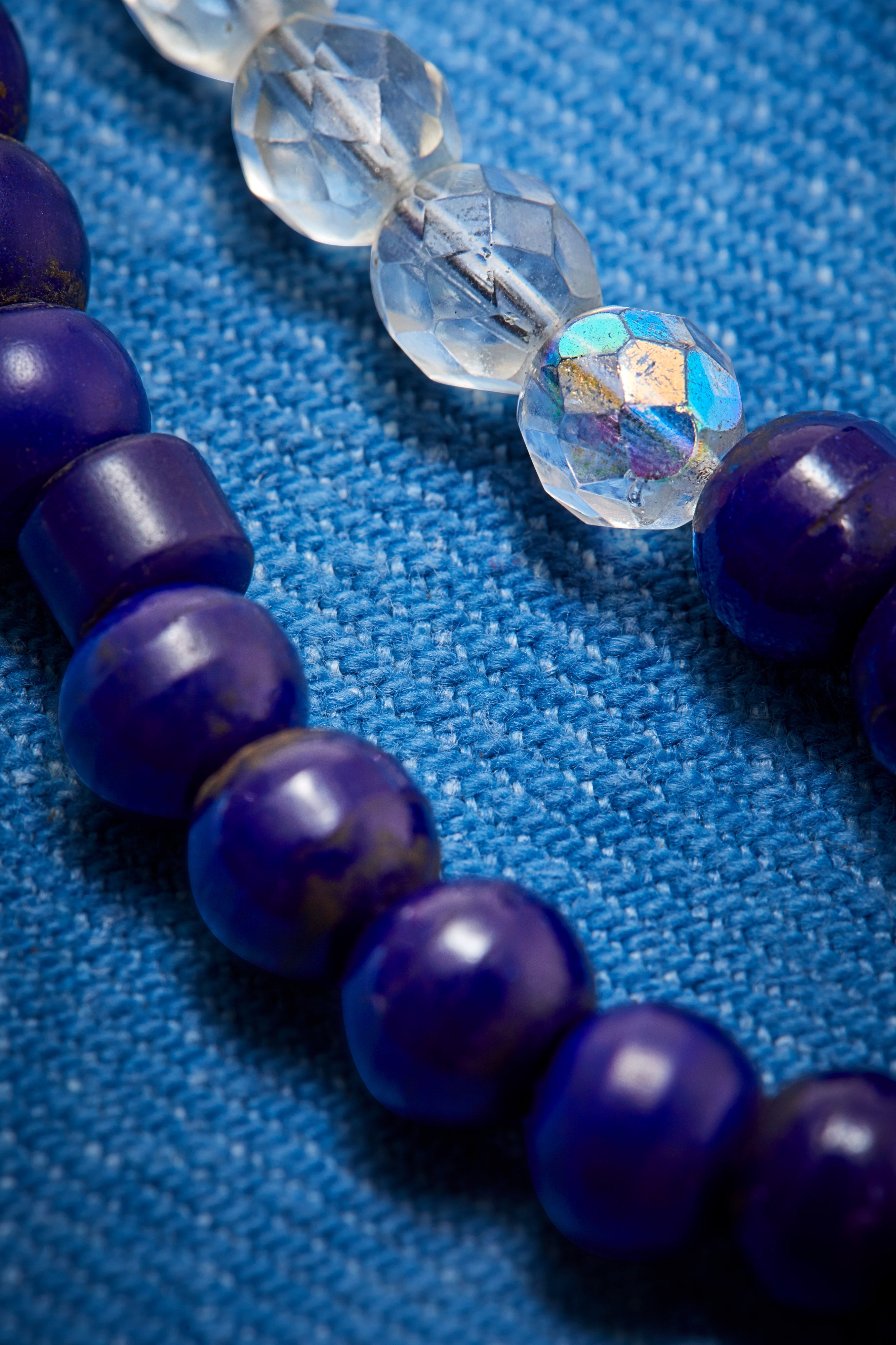 OXIDIZED STERLING SILVER BLUE AND CRYSTAL GLASS COTTAGE NECKLACE
