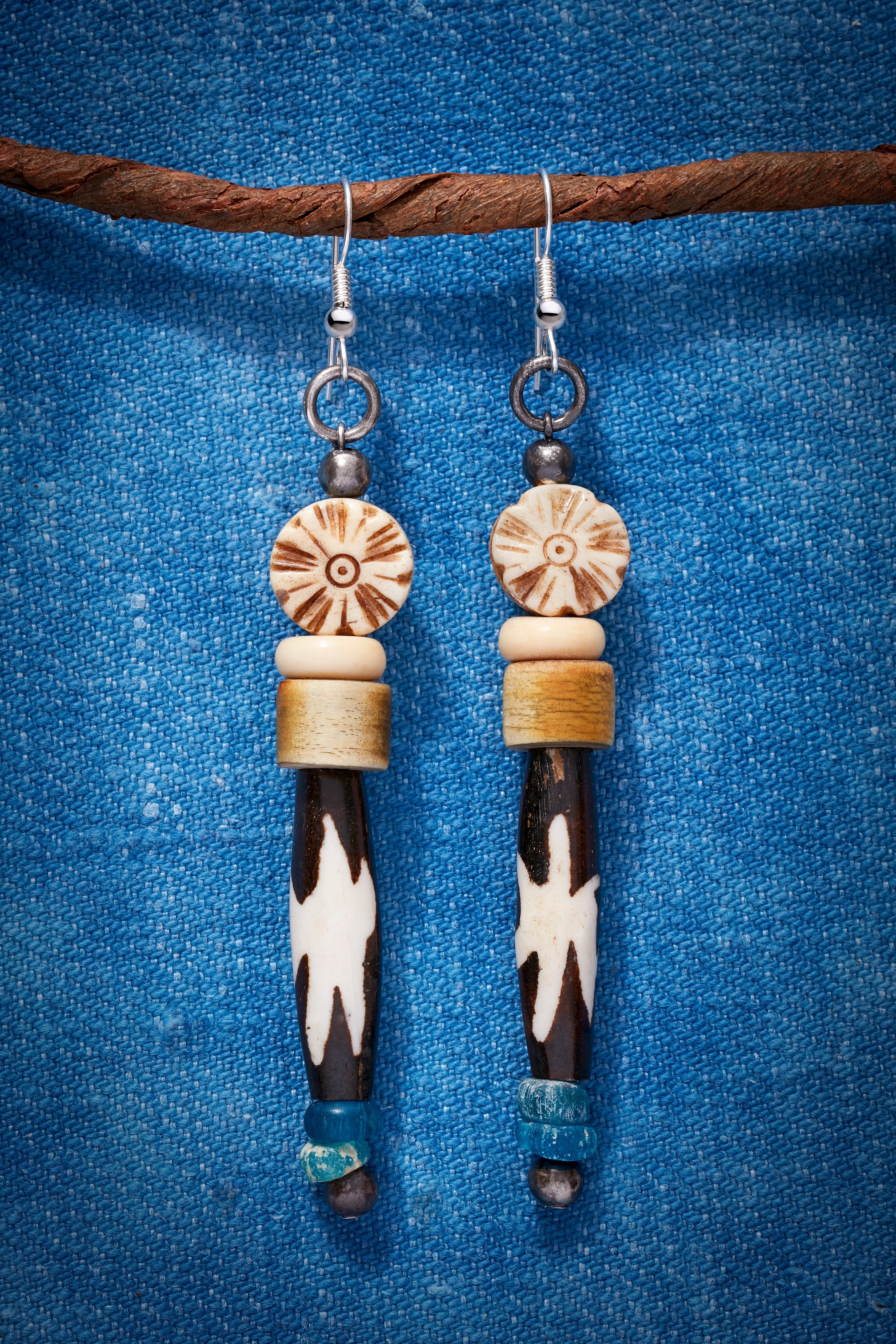 BATIK BONE AND BLUE EARRINGS