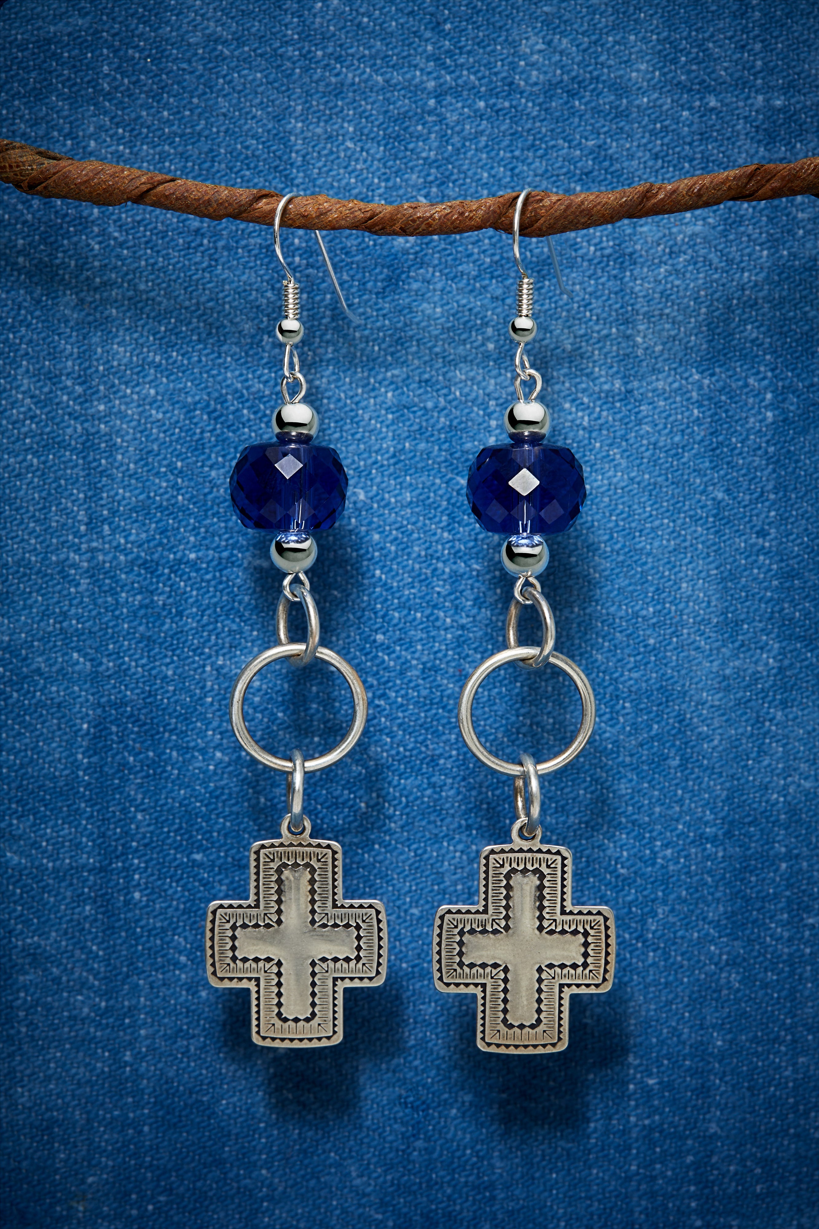 CRYSTAL BLUE SOUTHWESTERN STERLING SILVER CROSS EARRINGS