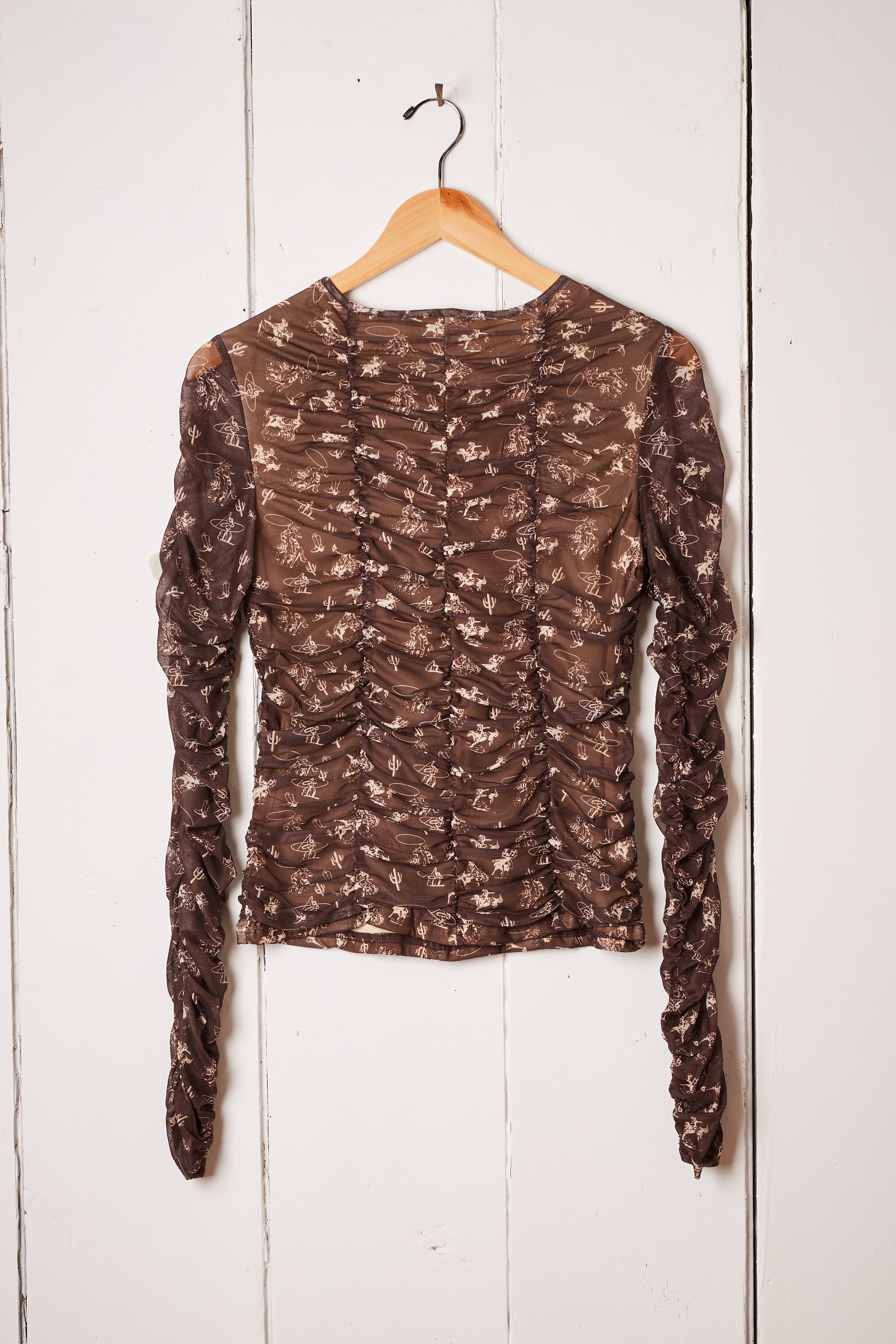 TAUPE SHEER RUCHED COWGIRL SHIRT