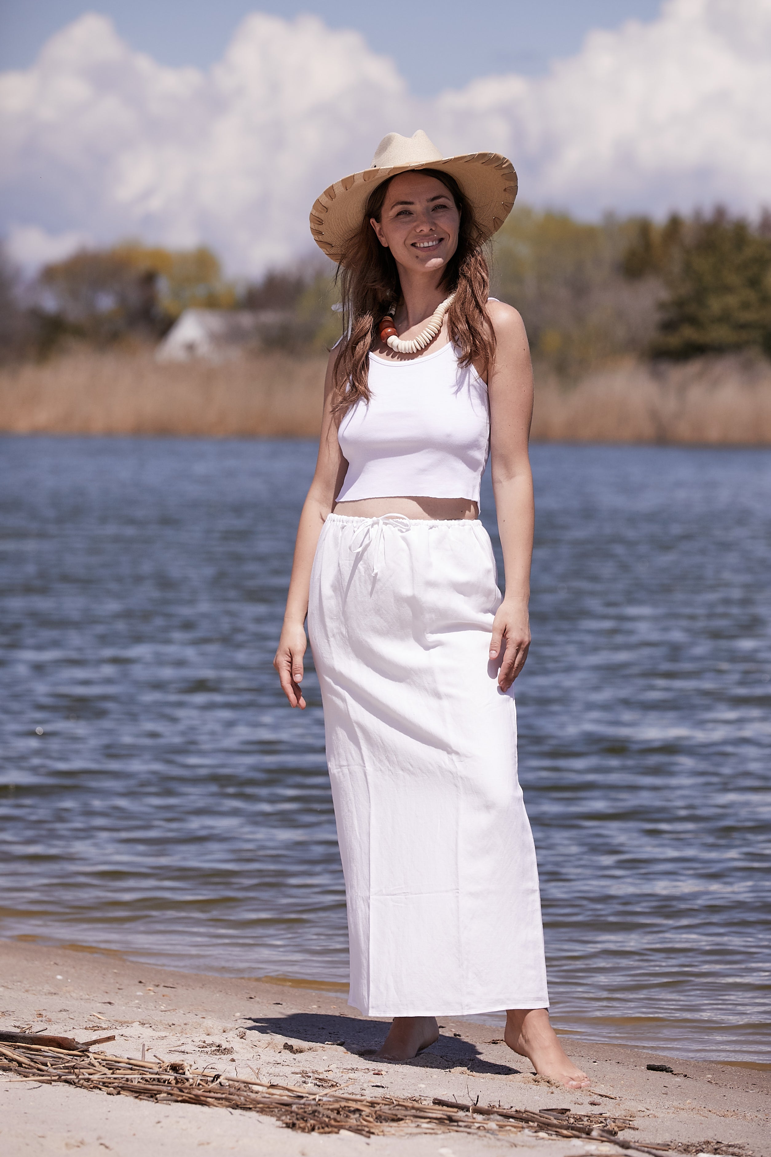 WHITE LINEN LONG DRAWSTRING SKIRT