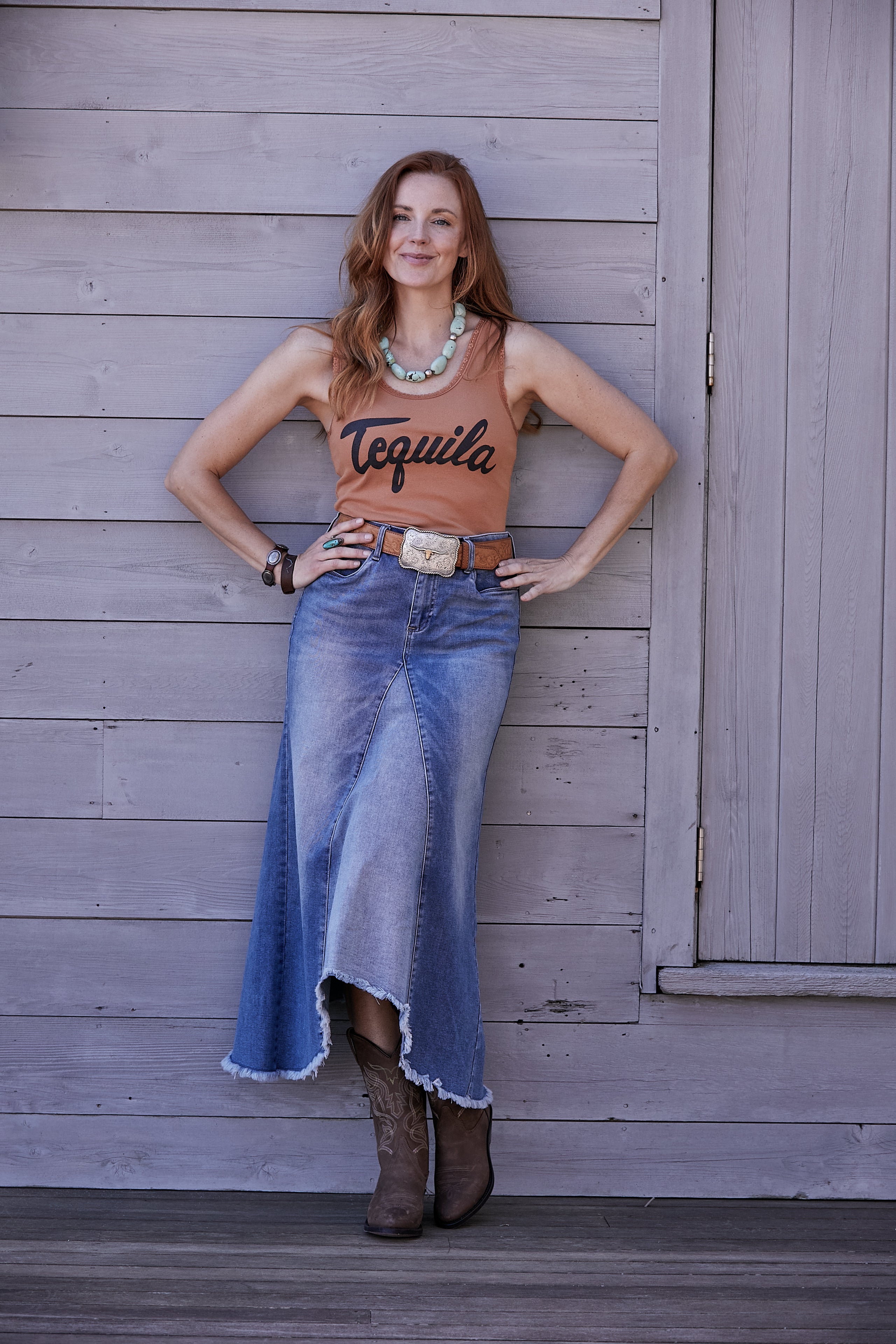 LONG BLUE DENIM SWIRL SKIRT