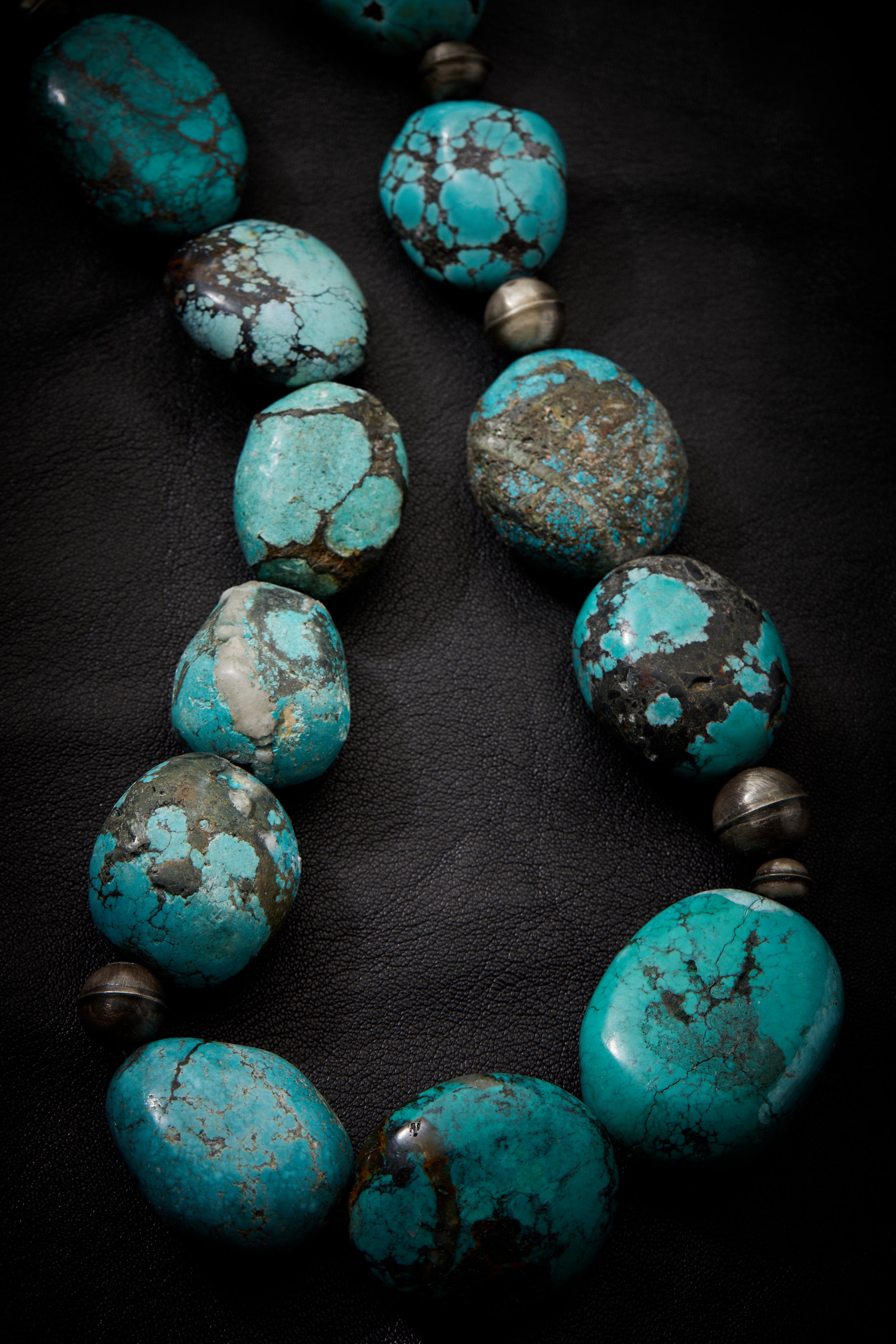 JUMBO AND LONG TURQUOISE AND OXIDIZED STERLING SILVER NECKLACE