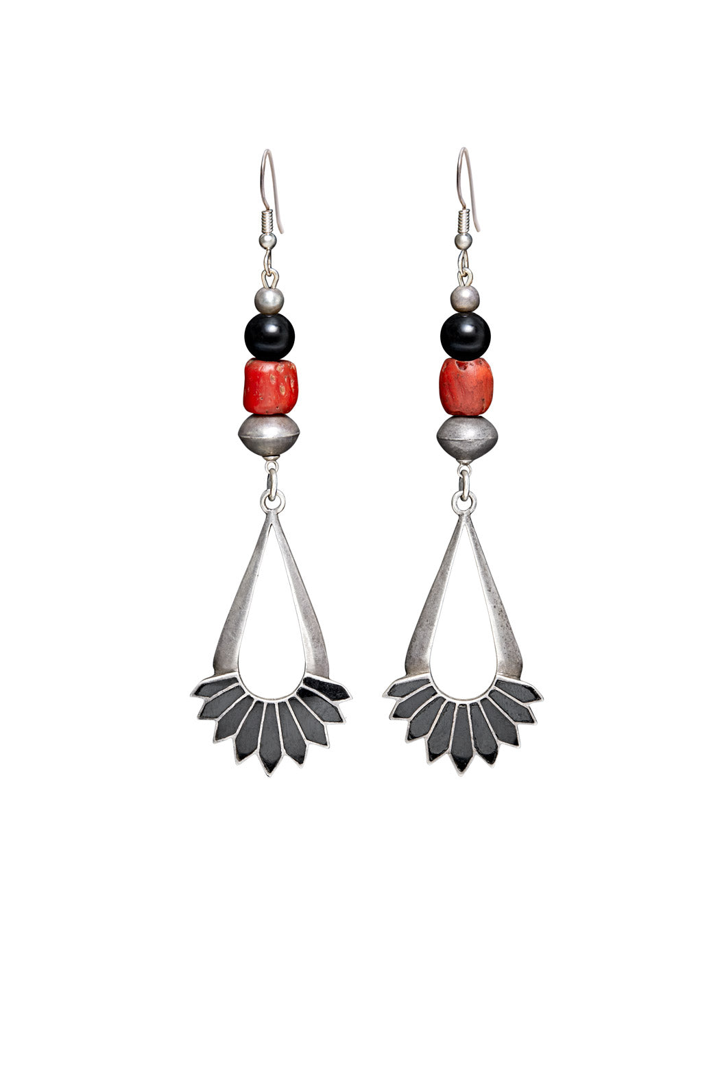 BLACK AND CORAL WITH VINTAGE STERLING SILVER INLAY DROP EARRINGS
