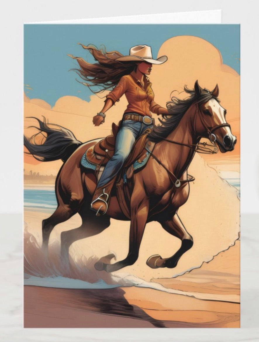 WESTERN COWGIRL BLAZING GREETING CARD