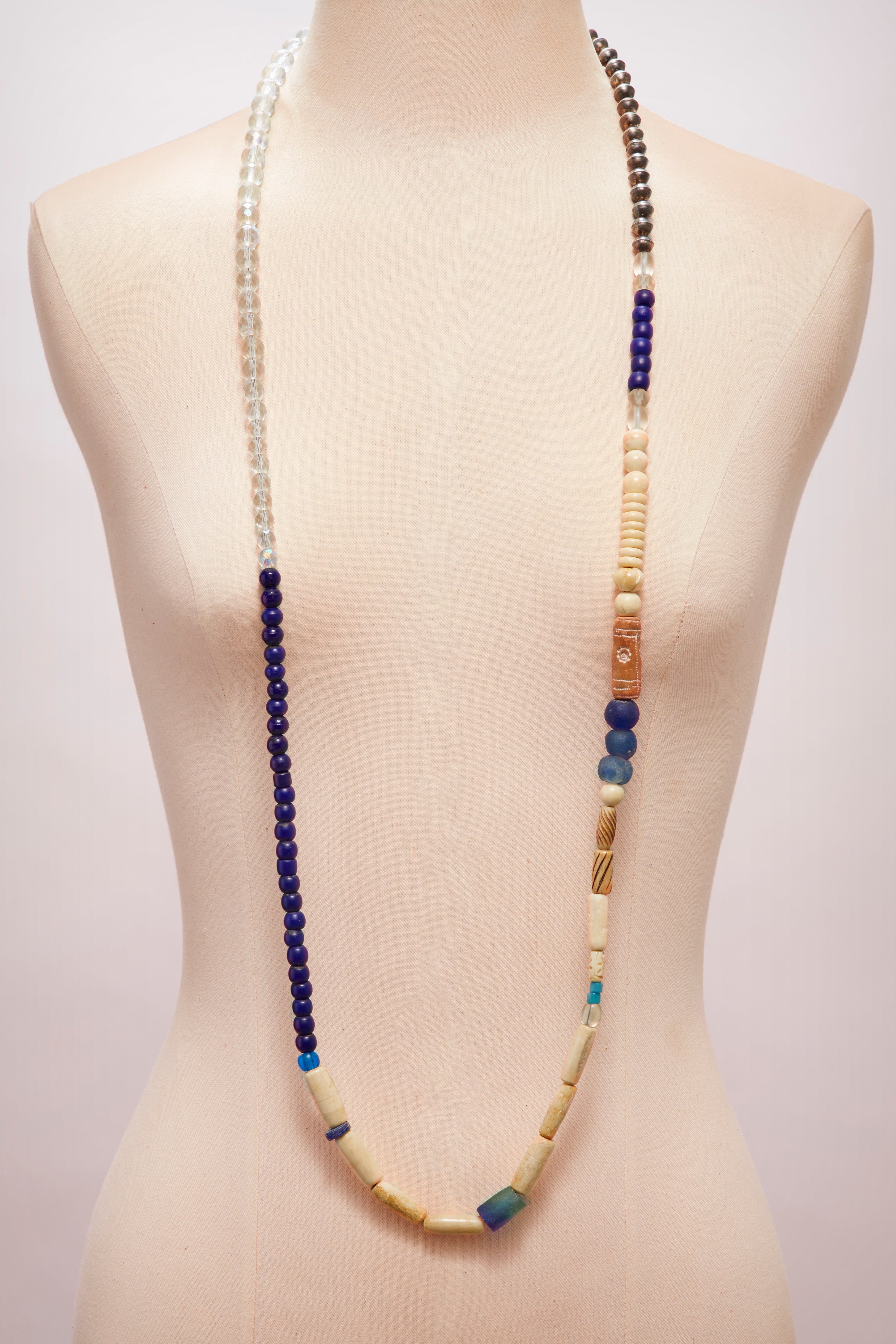 OXIDIZED STERLING SILVER BLUE AND CRYSTAL GLASS COTTAGE NECKLACE