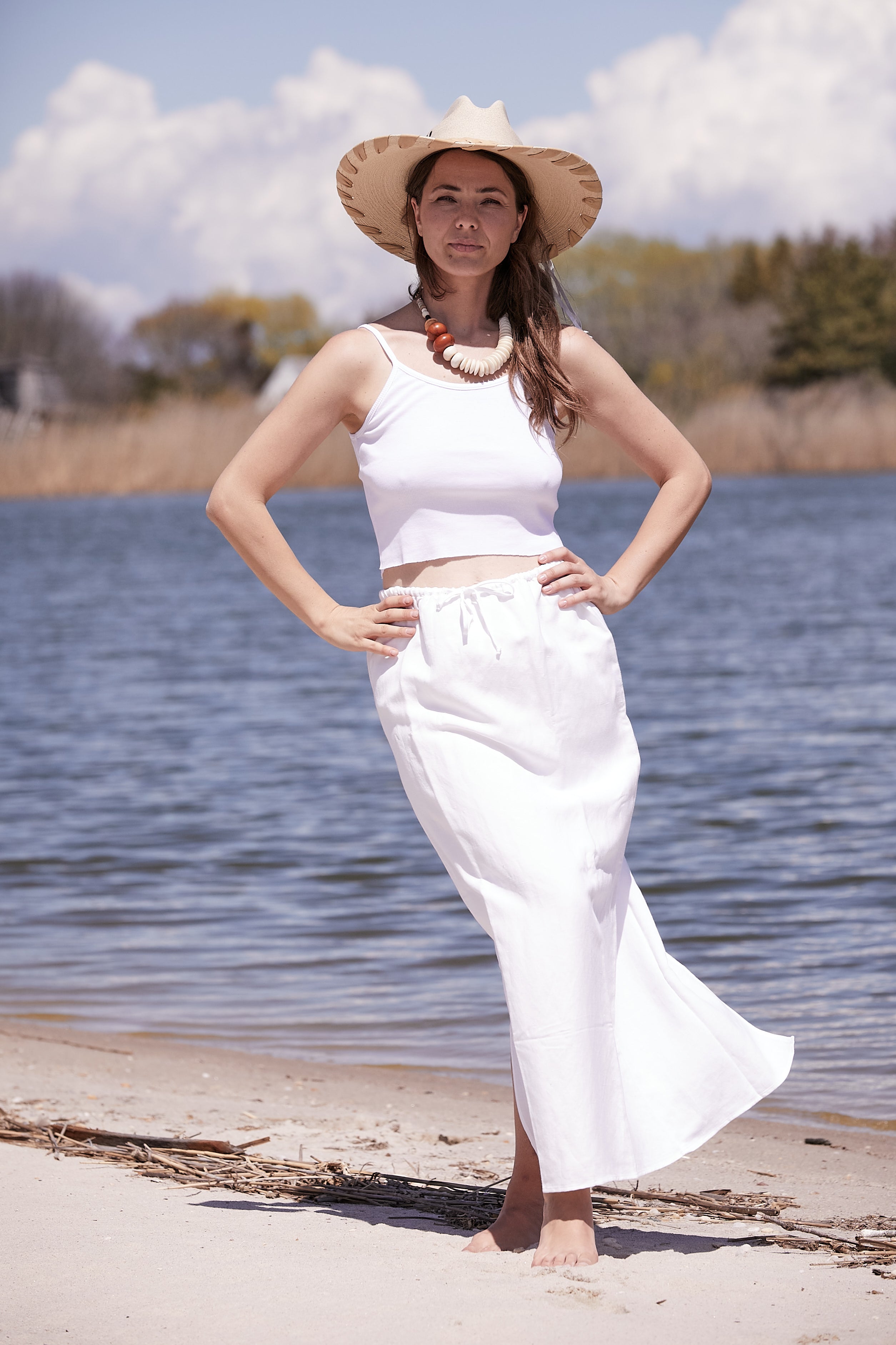 WHITE LINEN LONG DRAWSTRING SKIRT