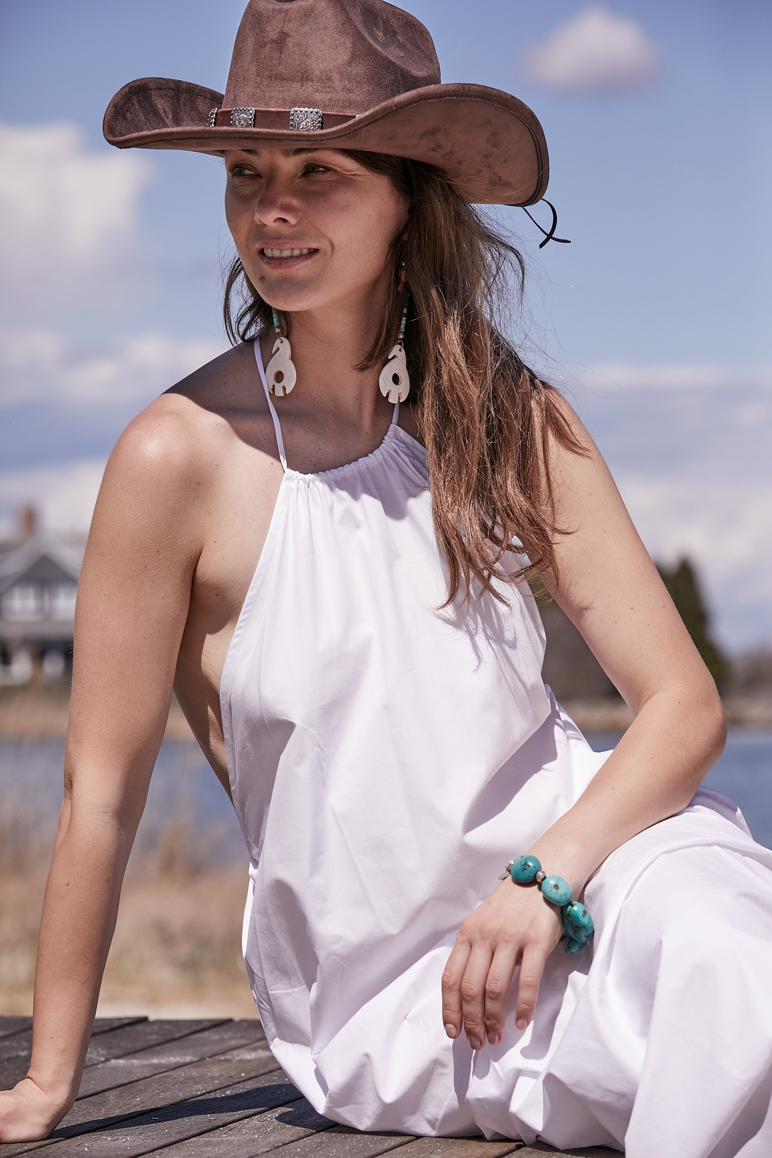 WHITE LONG HALTER DRESS