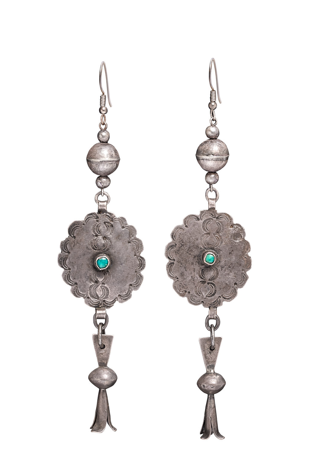 LONG STERLING SILVER BEAD WITH VINTAGE STERLING SILVER AND TURQUOISE CONCHO EARRINGS
