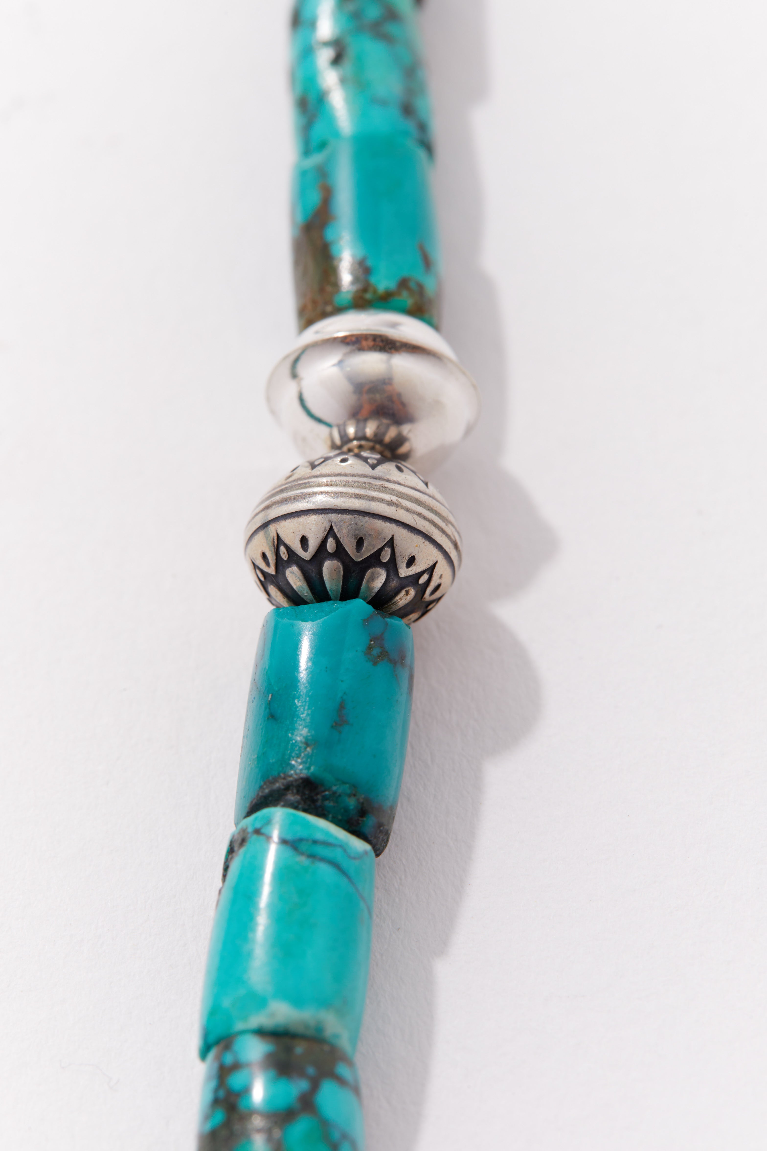 TURQUOISE AND STERLING SILVER CONCHO BOLO STYLE NECKLACE
