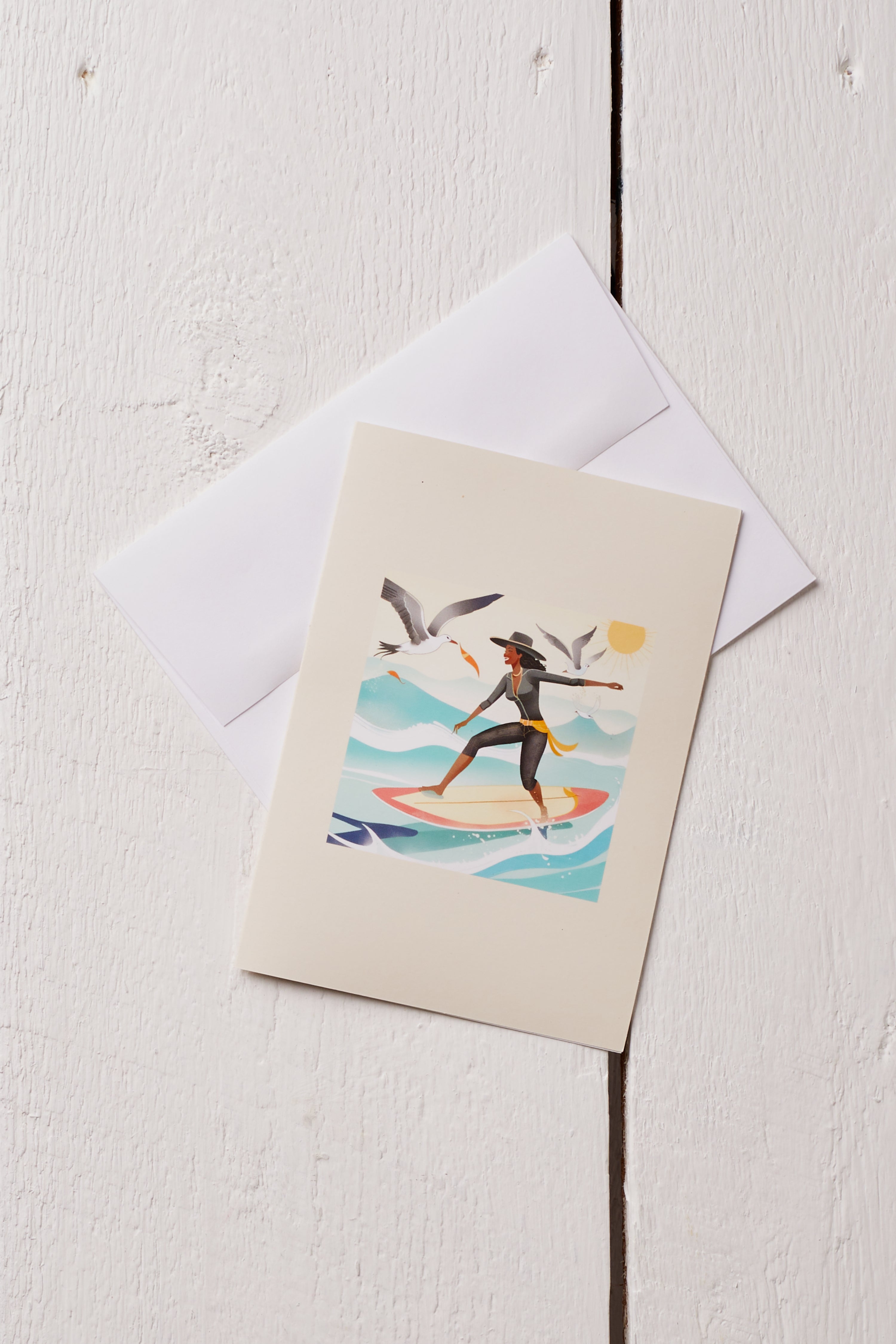 COWGIRL SURFING WITH SEAGULLS GREETING CARD