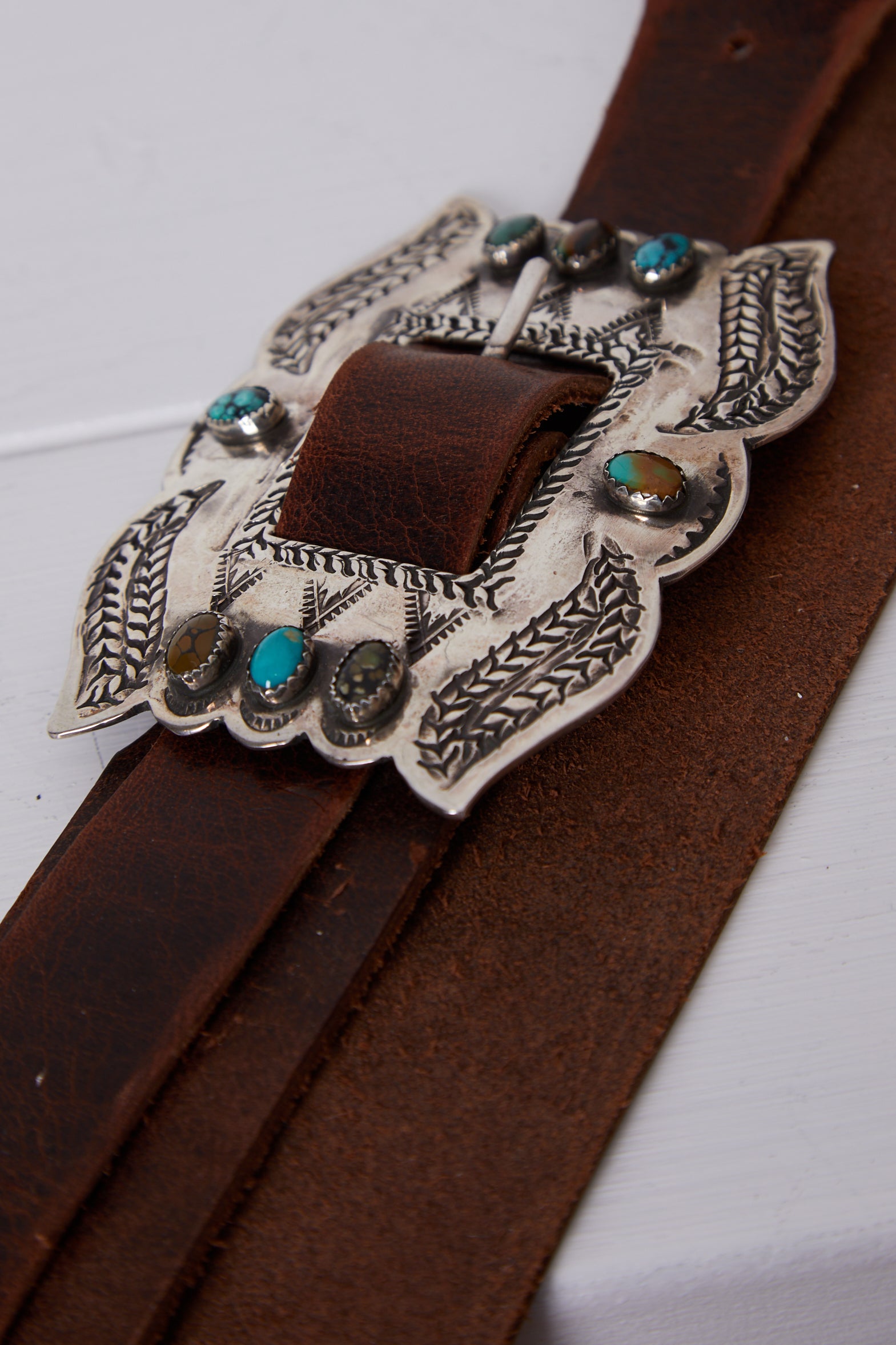 HAND MADE BROWN LEATHER BELT WITH STERLING SILVER AND TURQUOISE CONCHO (MEDIUM)