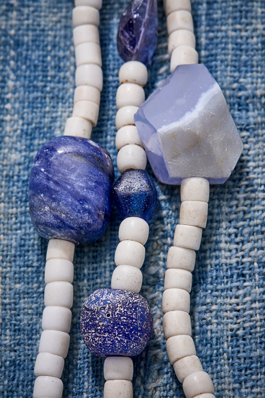 White Denim And Gemstones Multi-Strand Necklace