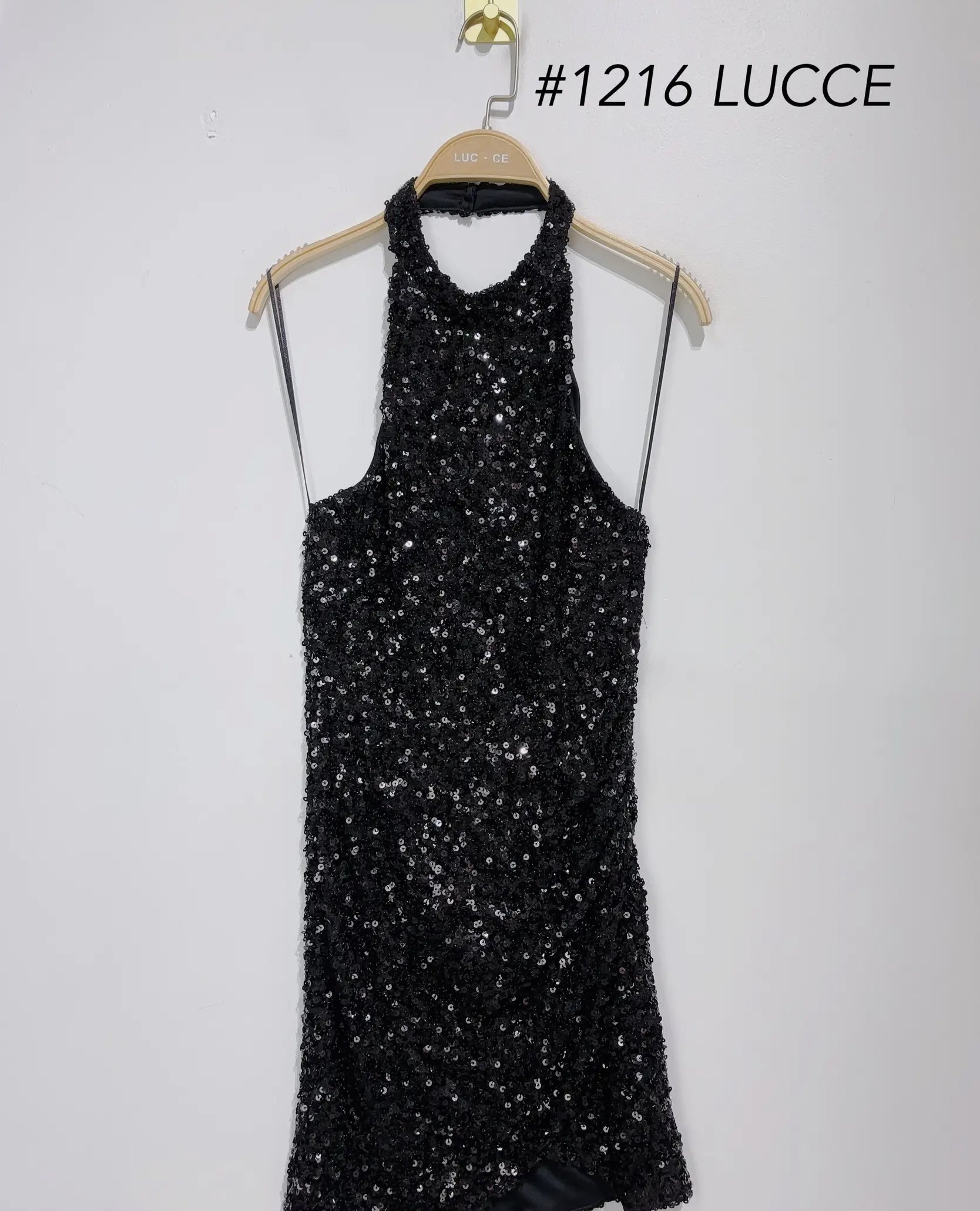 BLACK SEQUIN HALTER DRESS
