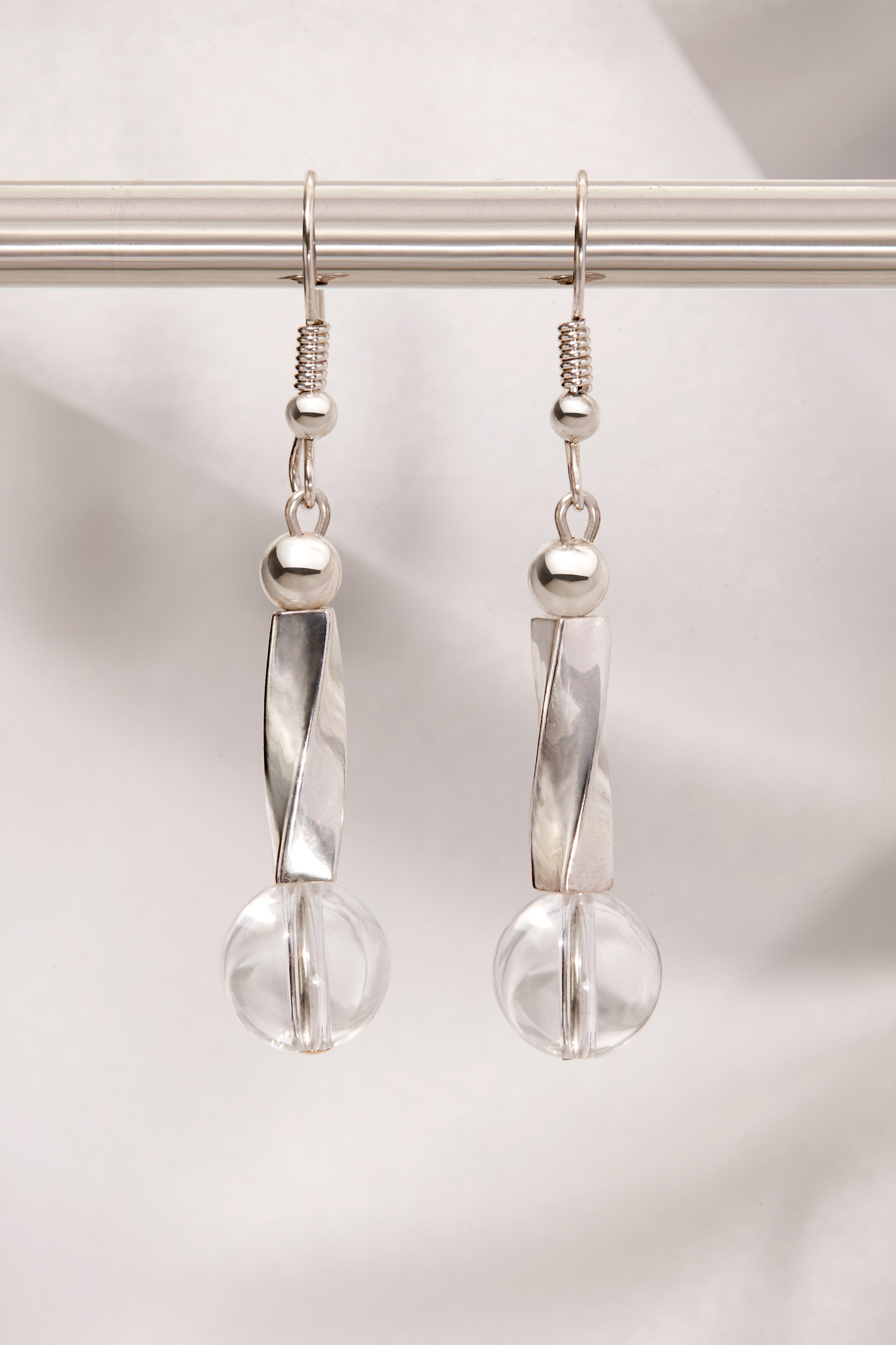 MODERN STERLING SILVER AND CRYSTAL QUARTZ GLOBE EARRINGS