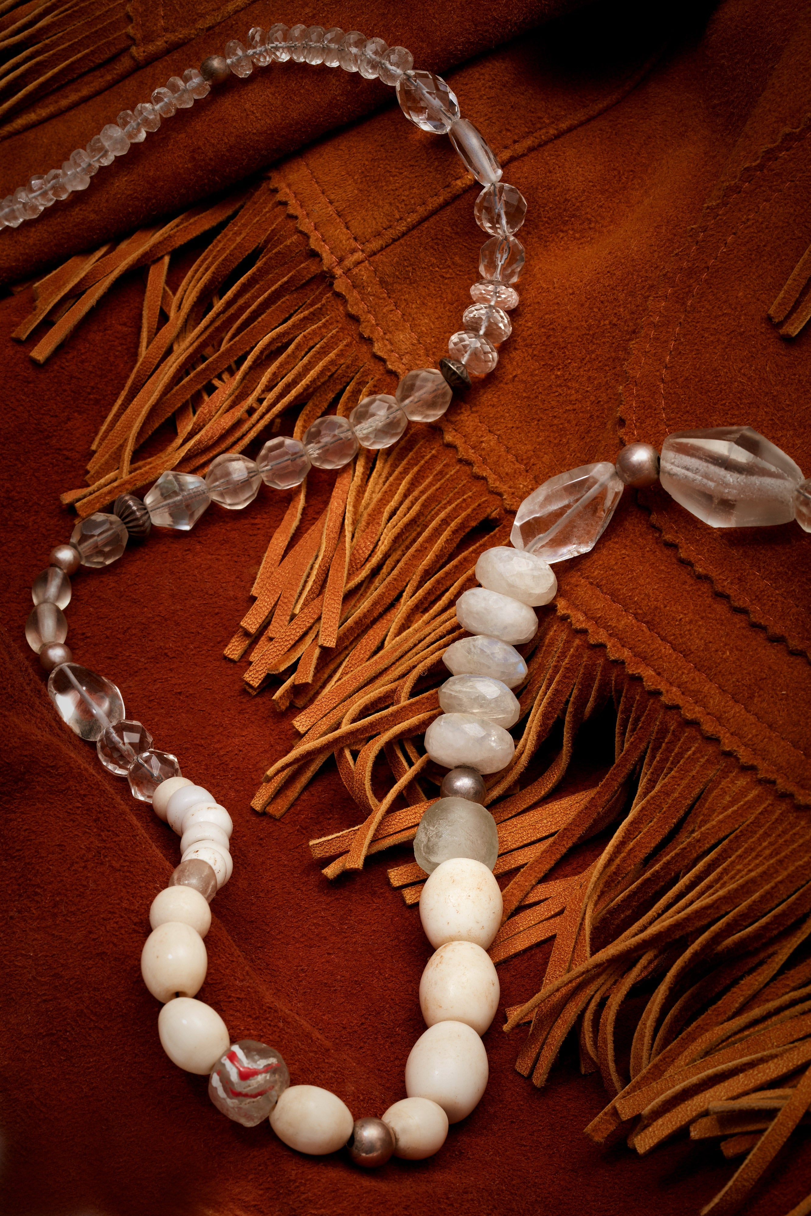 CRYSTAL QUARTZ AND OXIDIZED STERLING SILVER WHITE AND RED ARROW NECKLACE