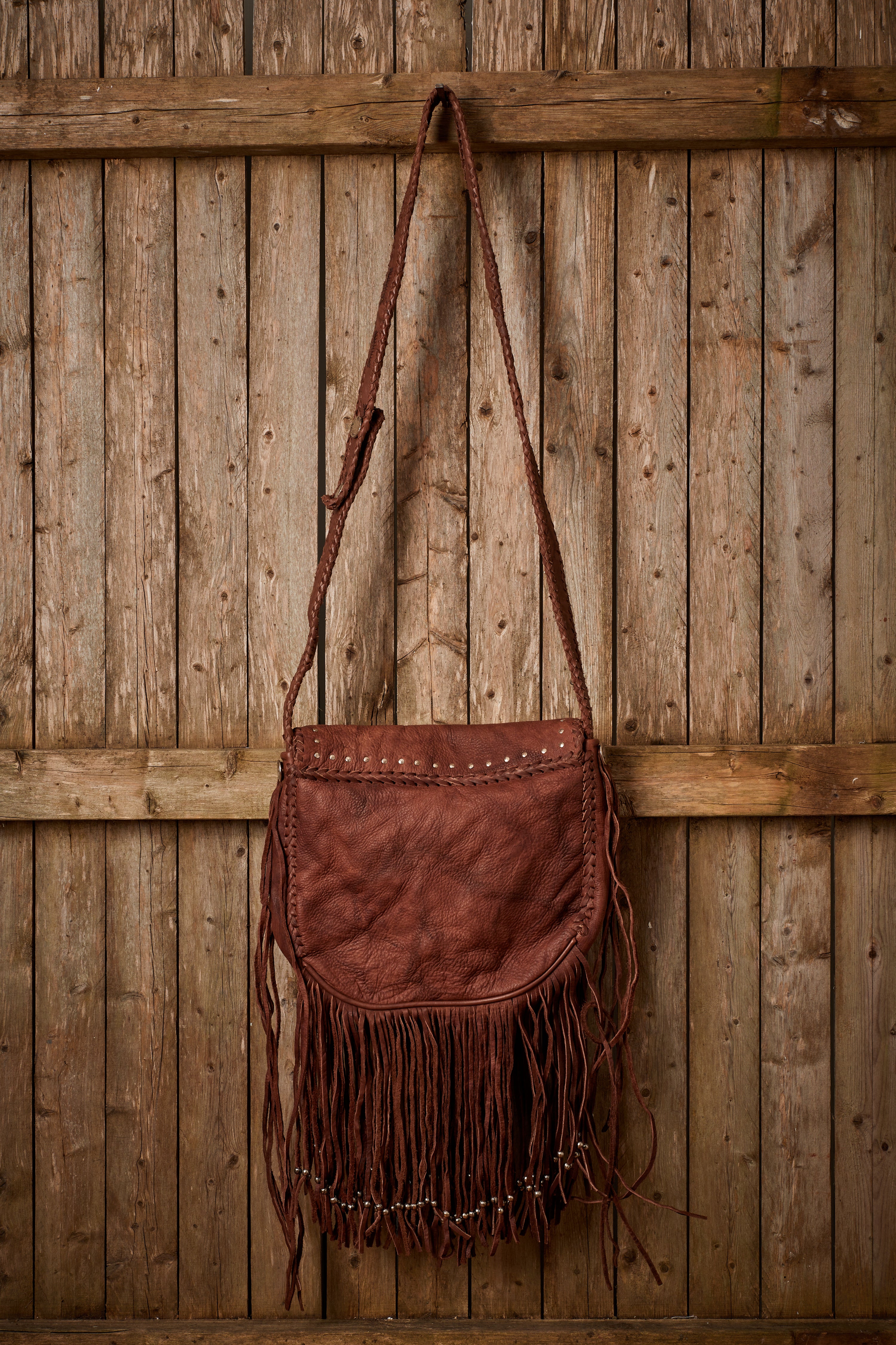 BROWN LEATHER CONCHO BEADED FRINGE BAG