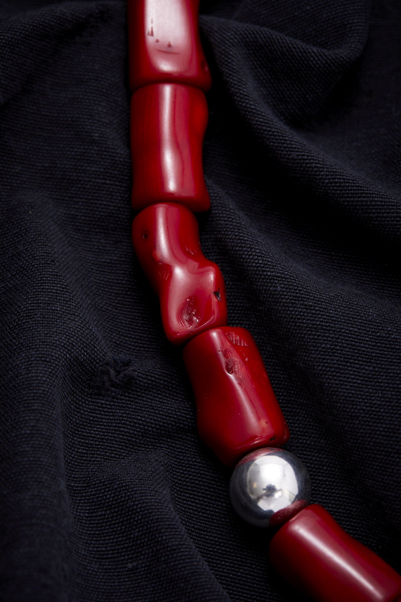 LONG CORAL RED AND STERLING SILVER NECKLACE