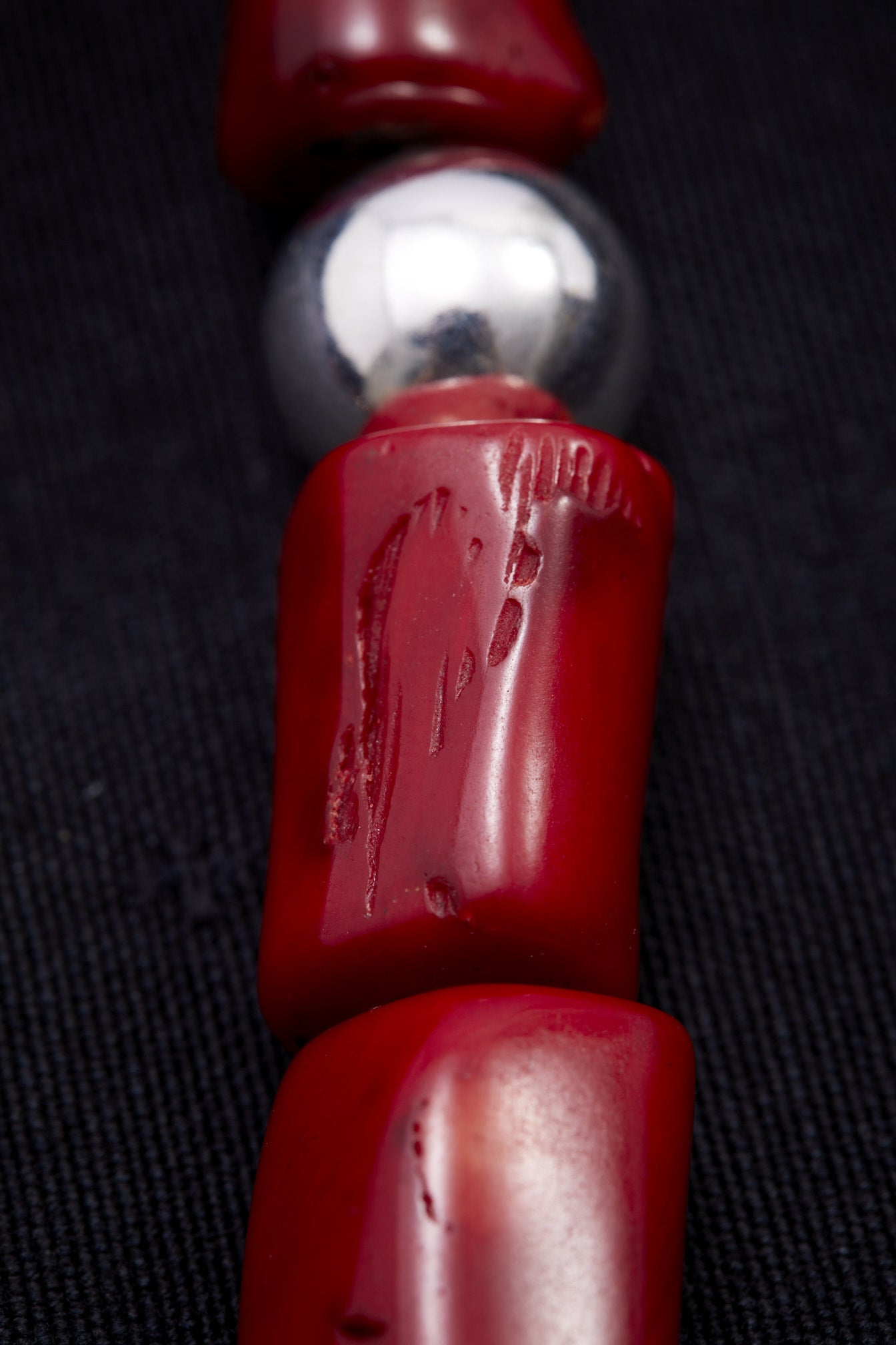 LONG CORAL RED AND STERLING SILVER NECKLACE