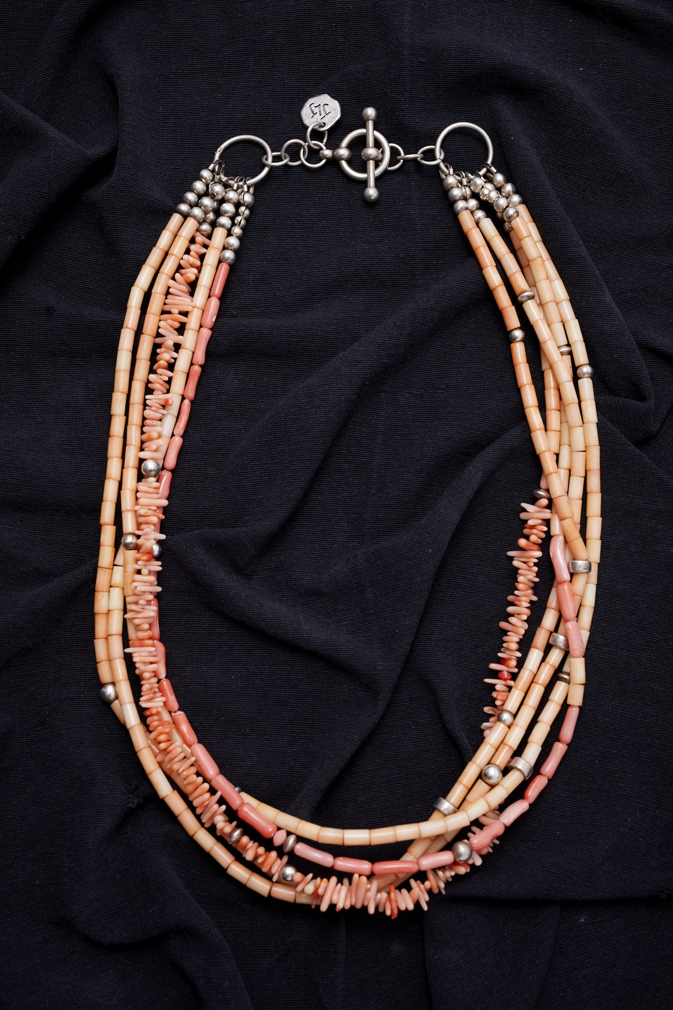 MULTI STRAND PINK CORAL AND STERLING SILVER NECKLACE