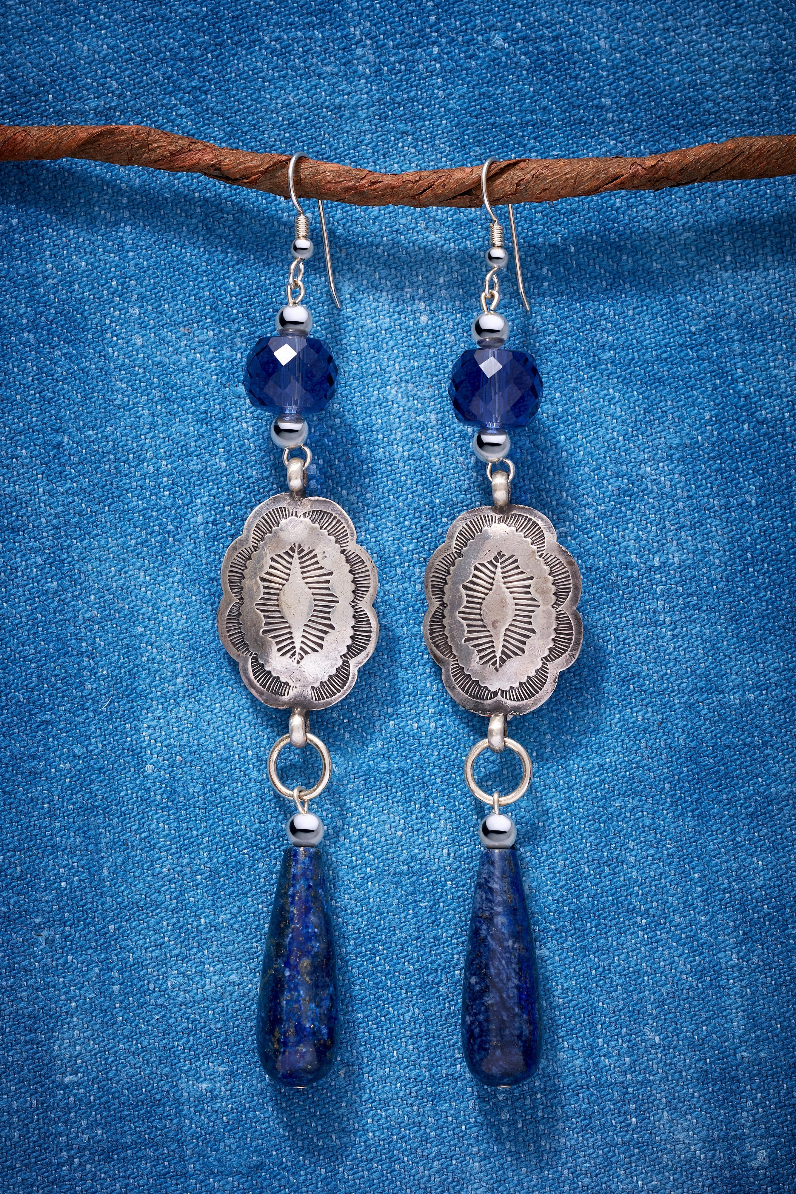 LAPIS AND VINTAGE STERLING SILVER CONCHO EARRINGS