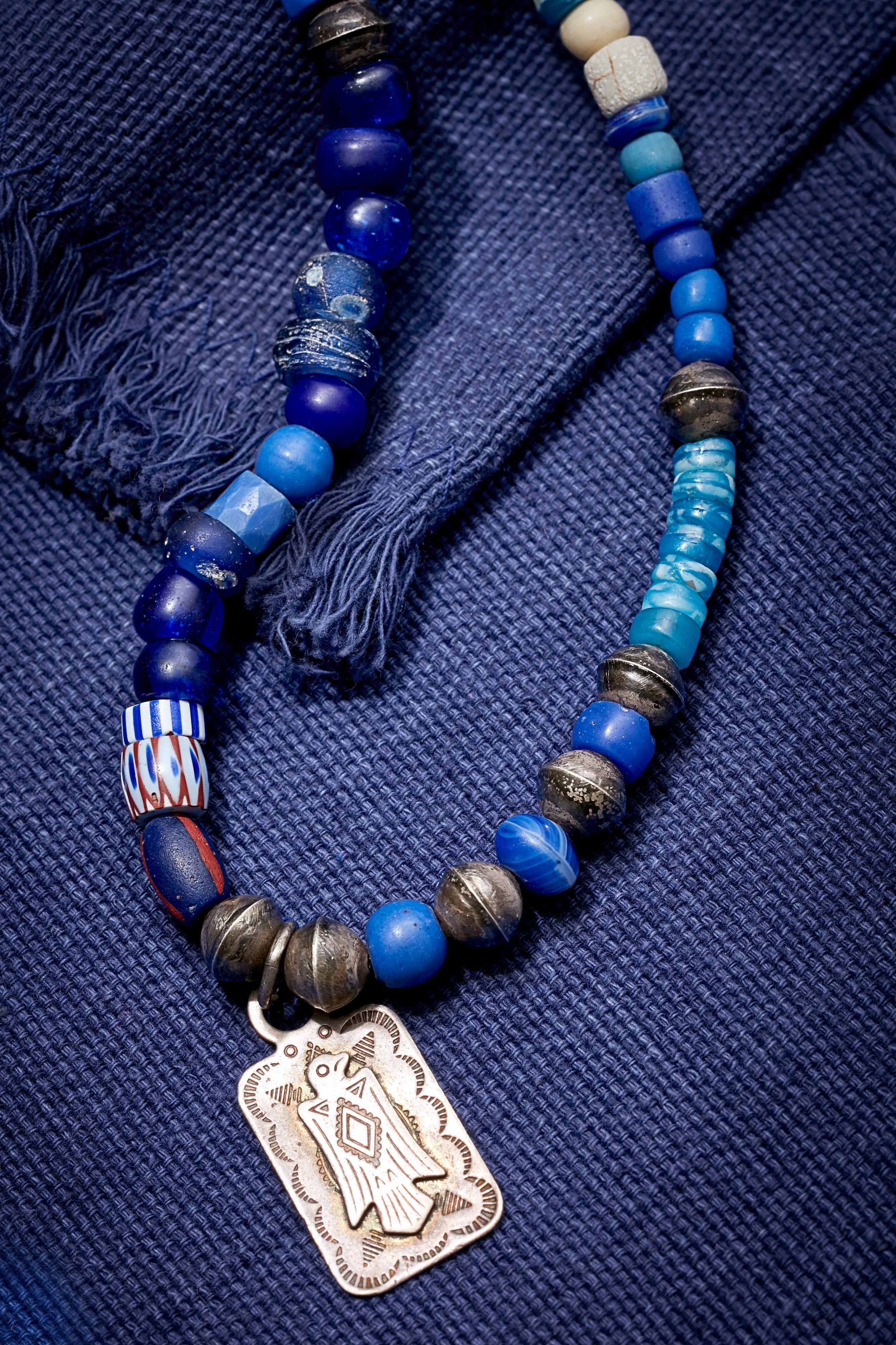 OXIDIZED STERLING SILVER AND BLUE NECKLACE WITH VINTAGE THUNDERBIRD PENDANT