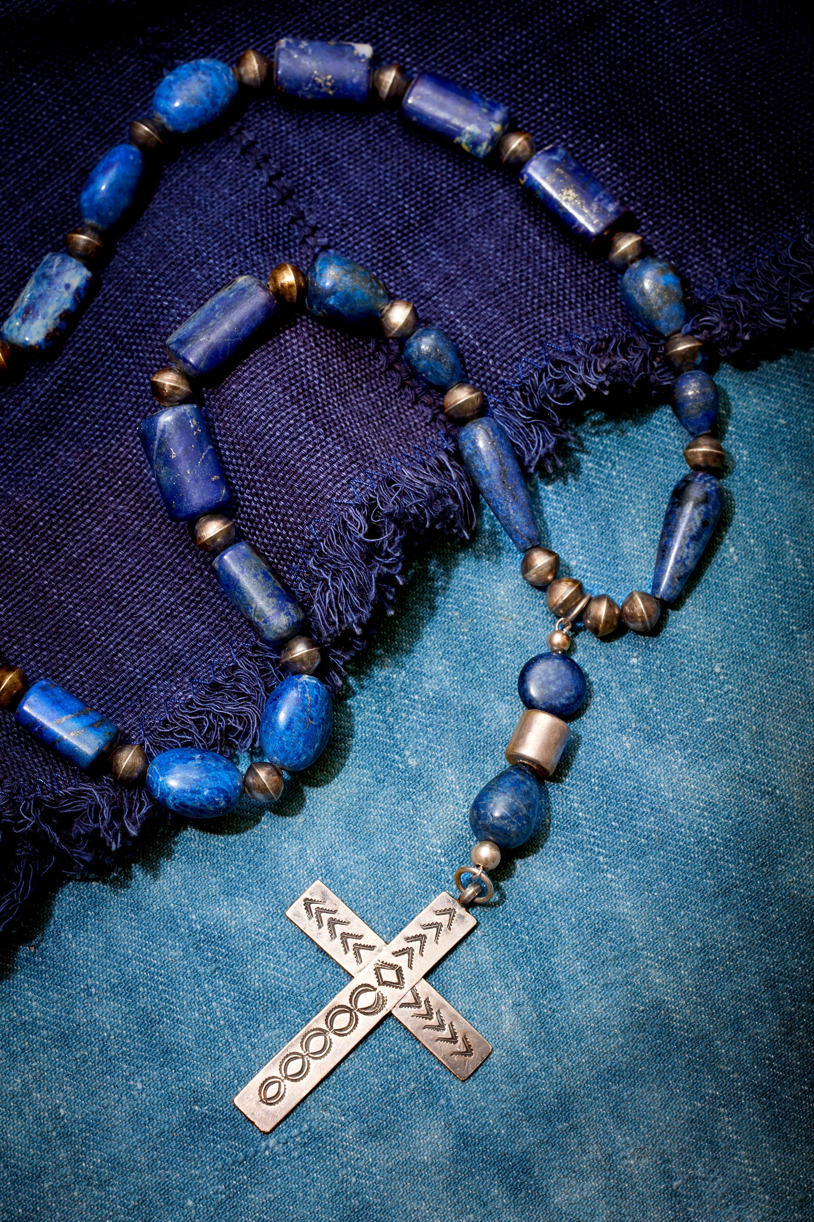 LAPIS AND VINTAGE STERLING SILVER SOUTHWESTERN CROSS NECKLACE