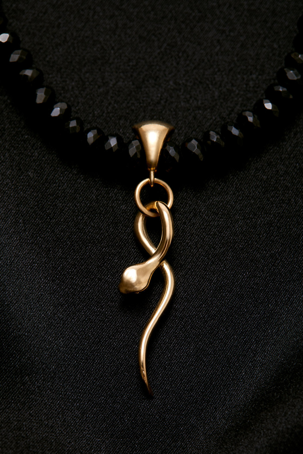 BLACK SPINEL 14K GOLD SNAKE PENDANT