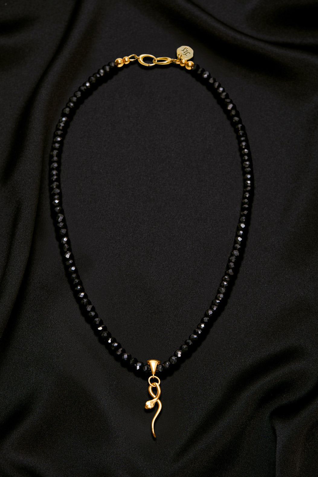 BLACK SPINEL 14K GOLD SNAKE PENDANT