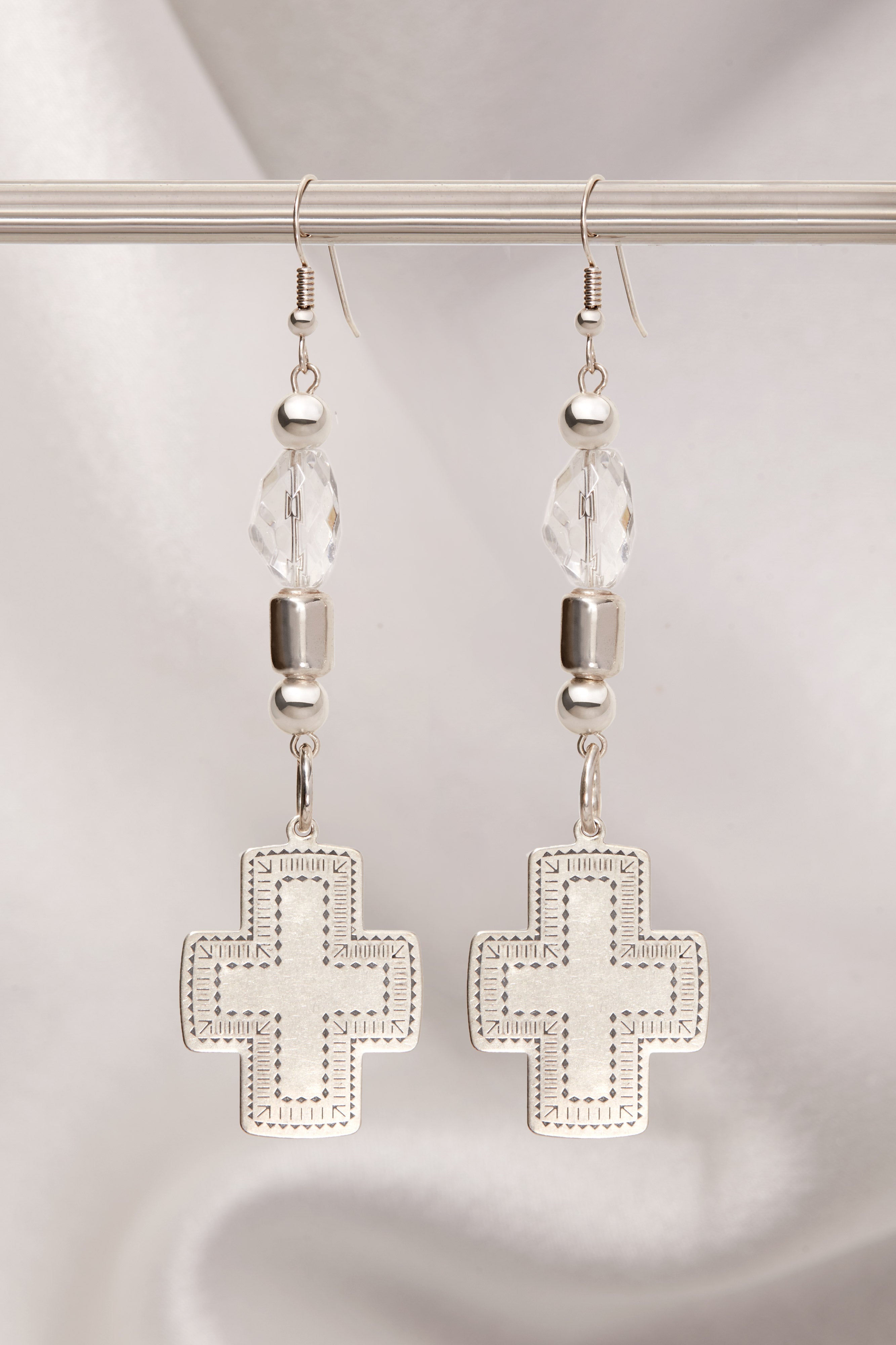 CRYSTAL QUARTZ SOUTHWESTERN STERLING SILVER CROSS EARRINGS