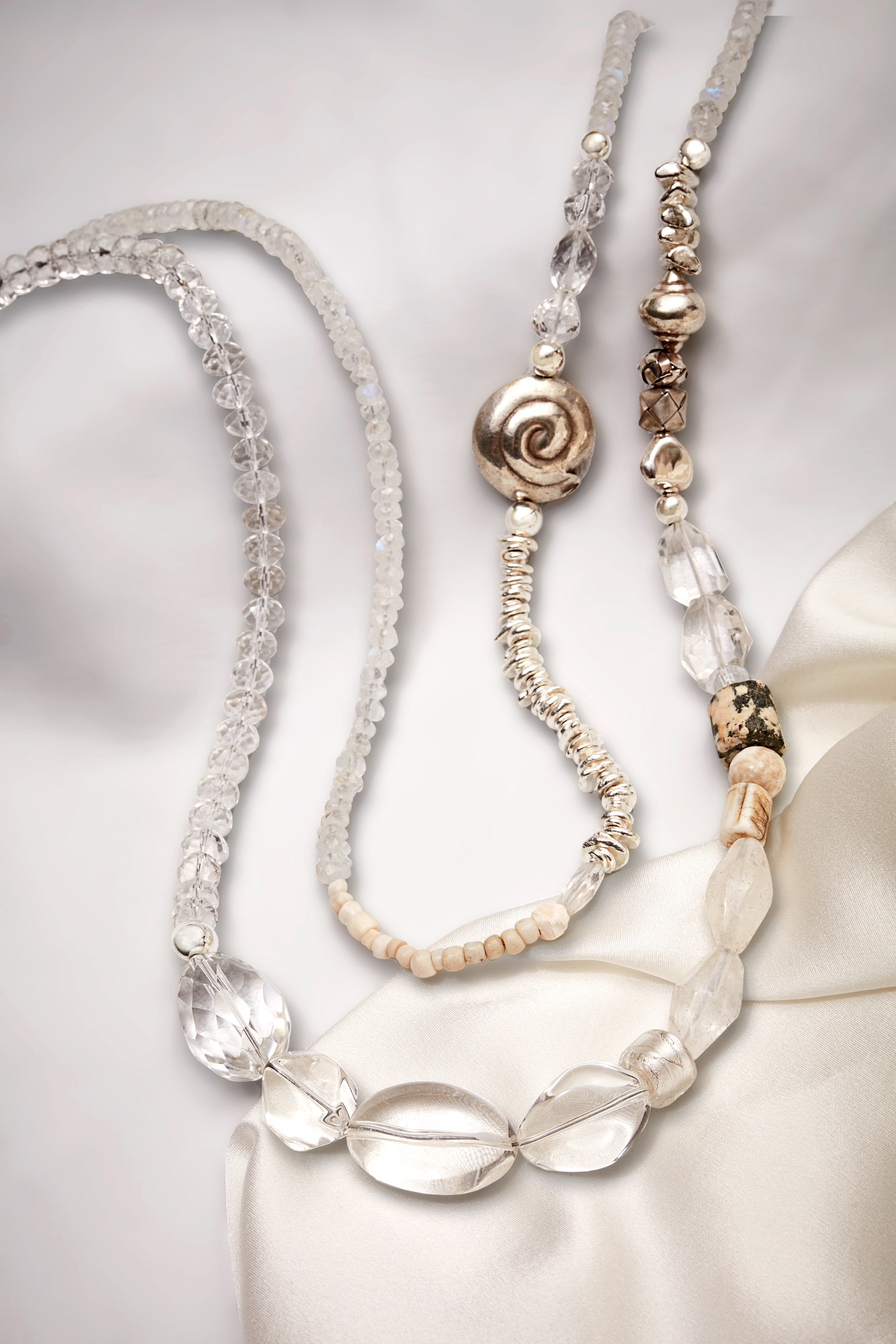 CRYSTAL QUARTZ AND STERLING SILVER MULTI SHELL DOUBLE STRAND NECKLACE