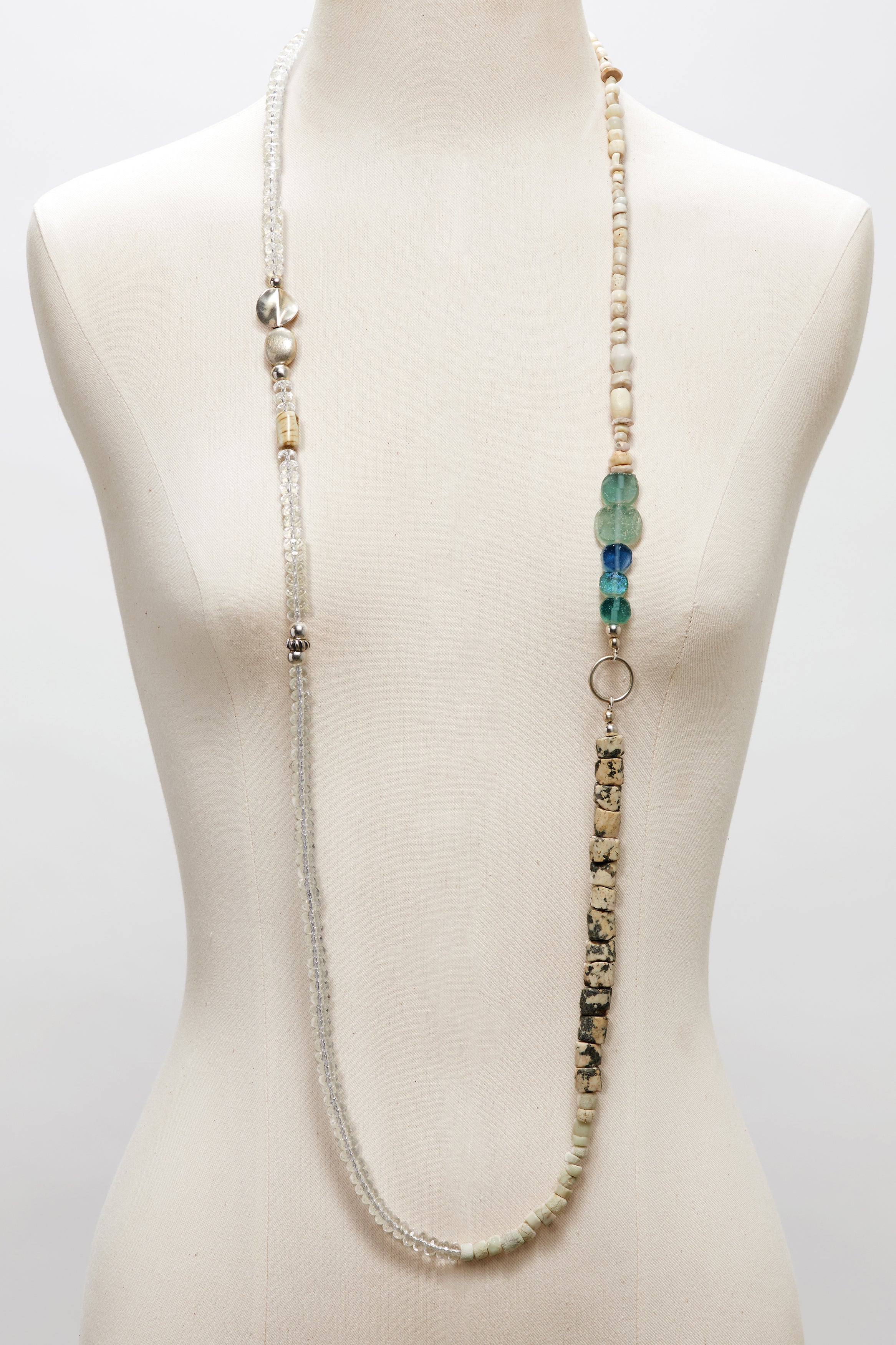 RUGGED CRYSTAL QUARTZ AND BLUE GLASS GRANITE NECKLACE