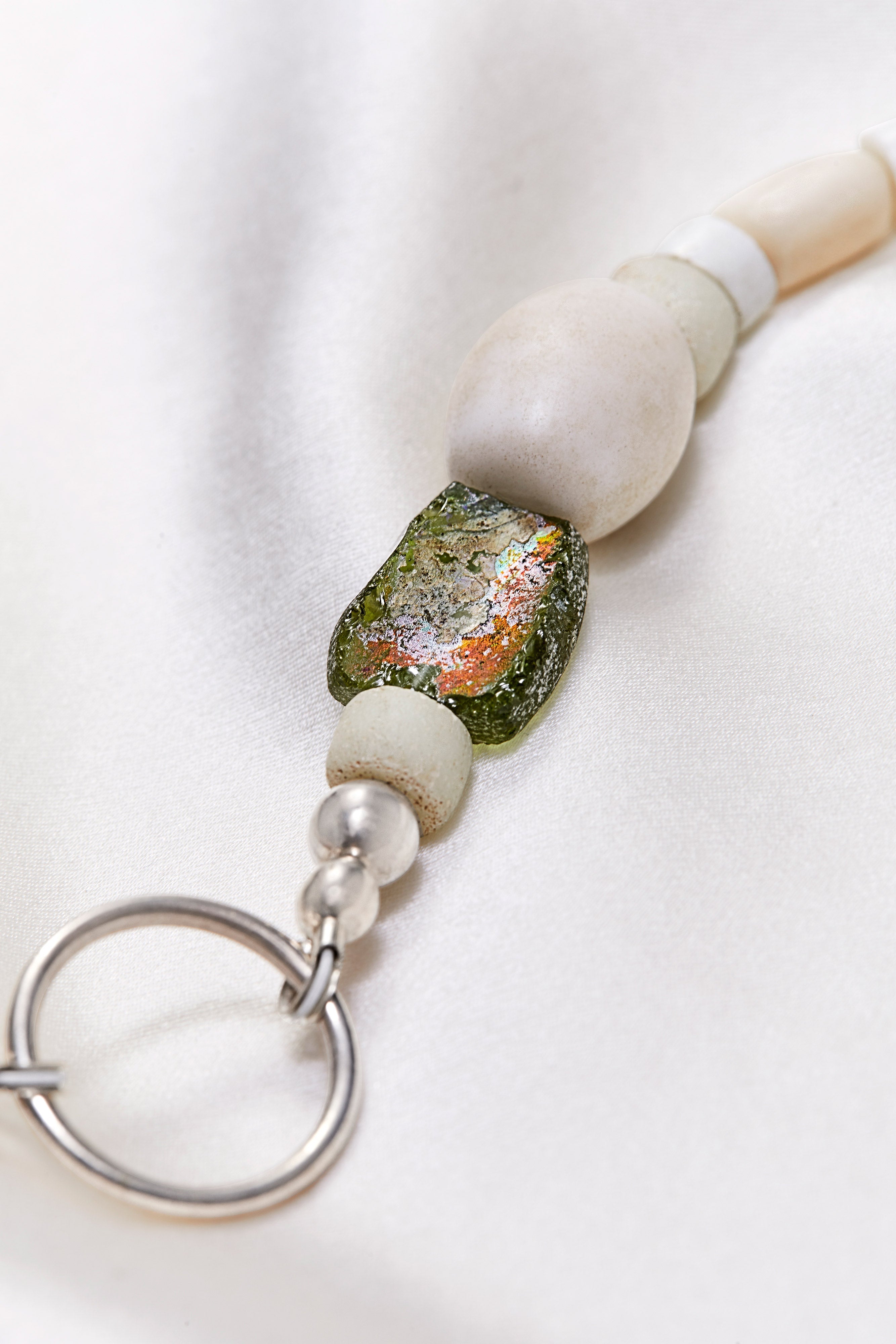 WHITE LIGHT WITH TERRA COTTA CLAY AND GREEN GLASS NECKLACE