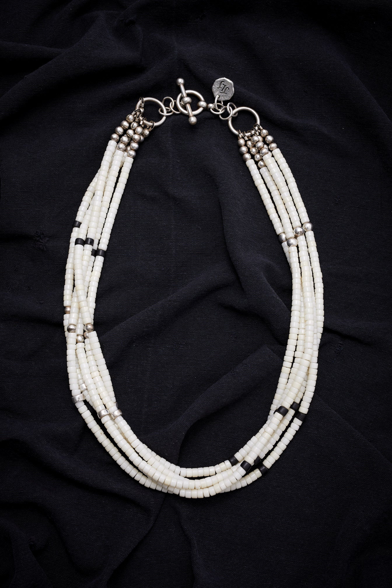 MULTI STRAND WHITE CORAL WITH STERLING SILVER AND BLACK NECKLACE